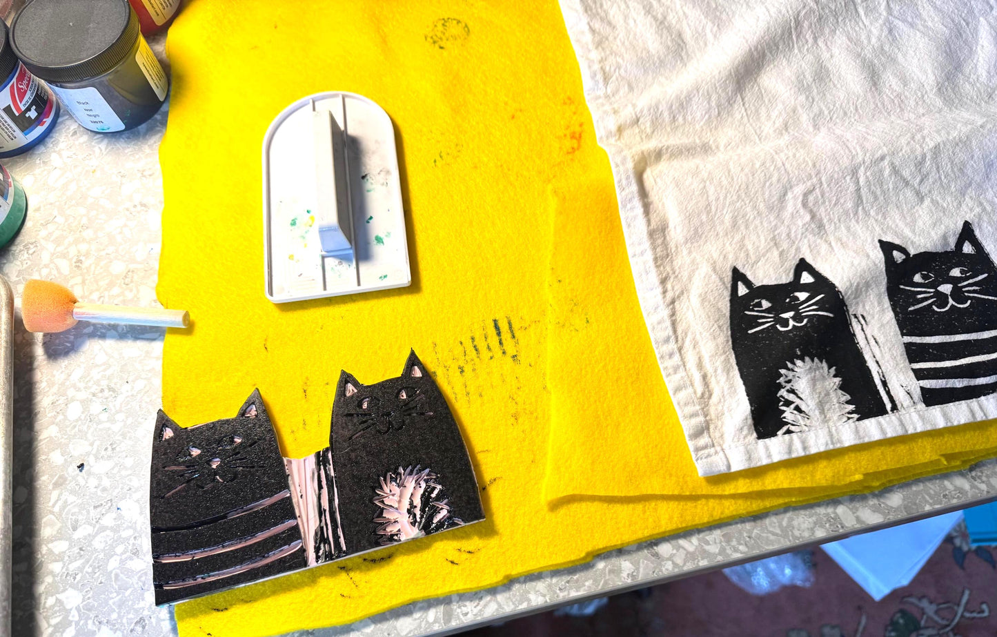 Handmade Black Cat Tea Towel: Block Printed Cotton Dish Towel