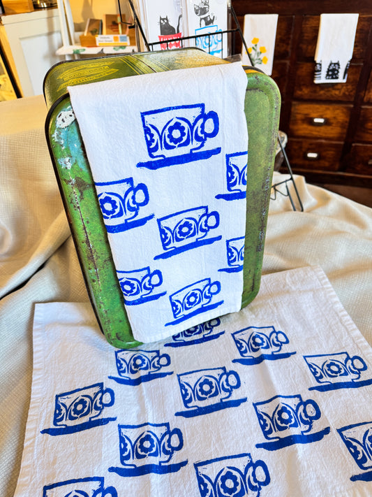 Vintage Style Blue Teacup Tea Towel