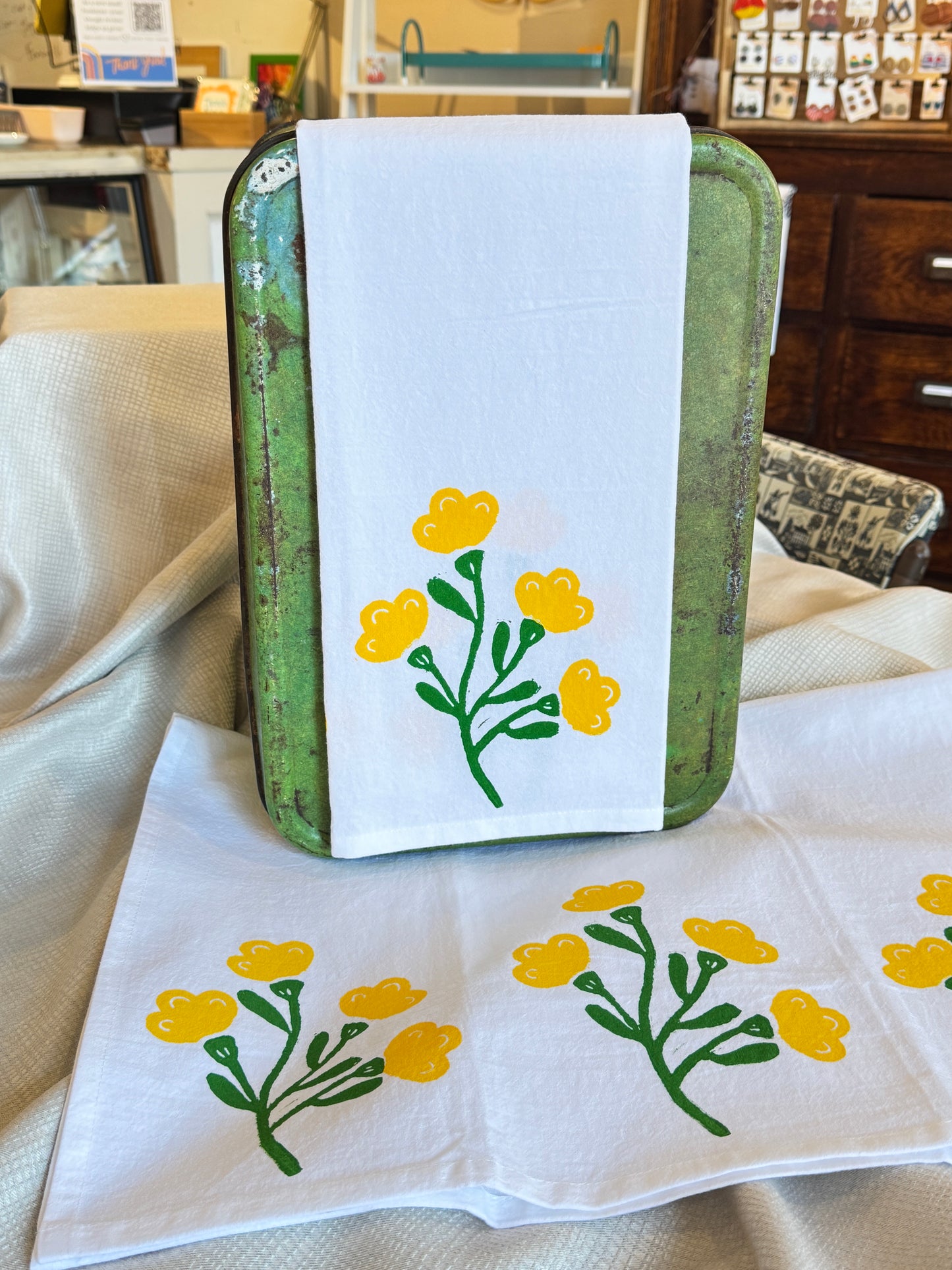 Hand Stamped Floral Tea Towel – Yellow Spring Flower