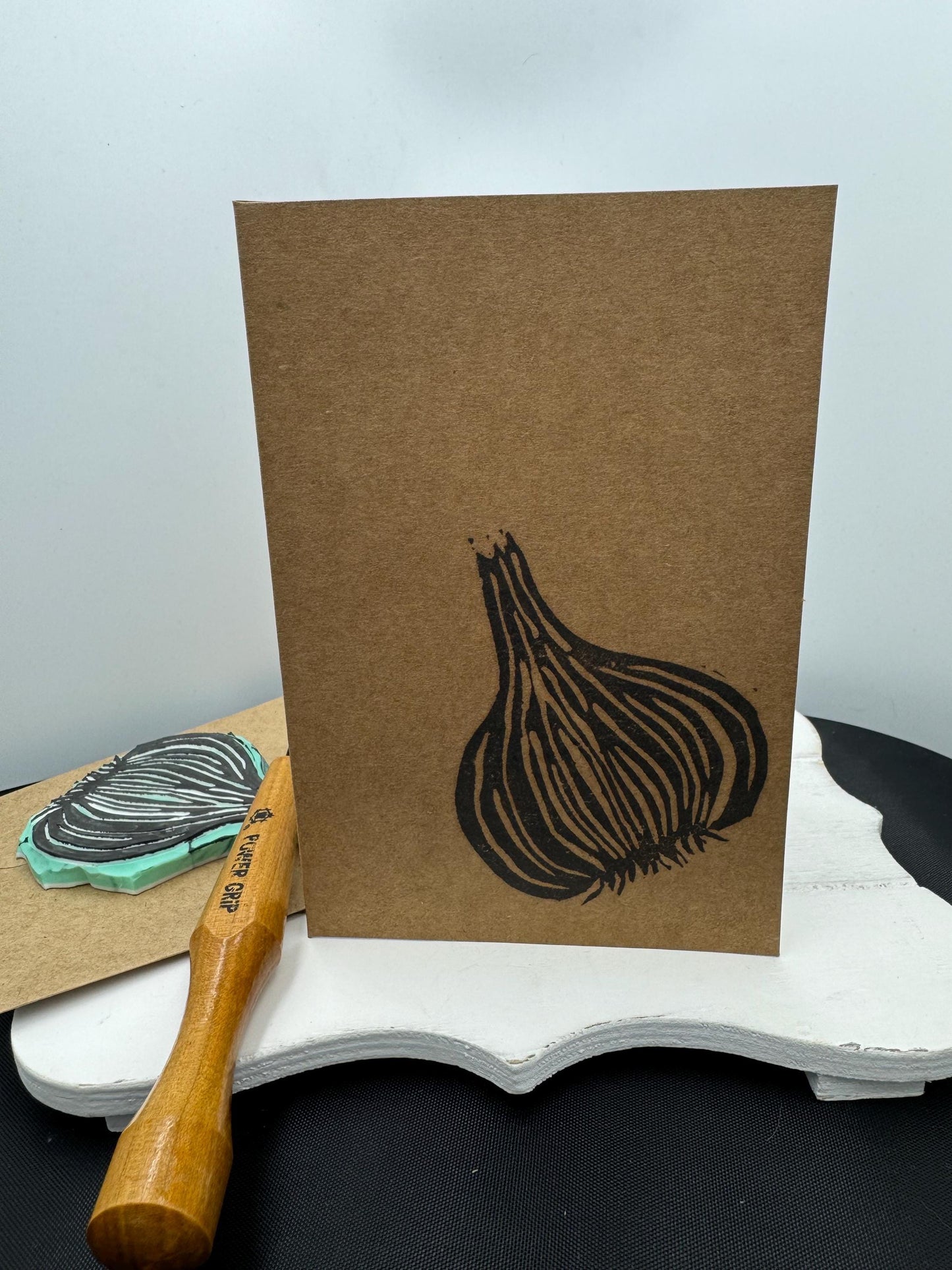 Handprinted Garlic Notecard: Foodie Gift, Blank Kraft Card