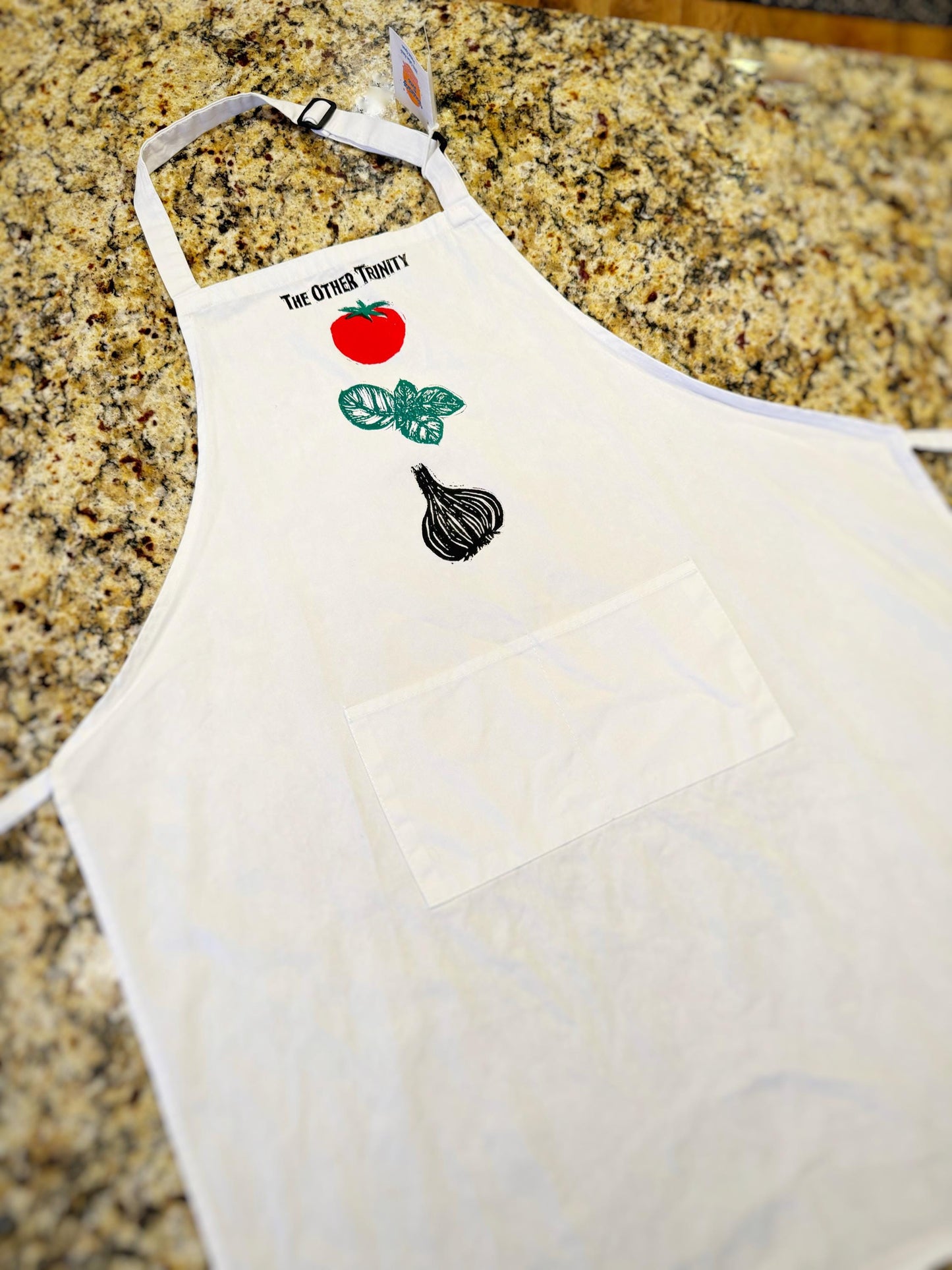 Hand Stamped Italian Apron: Tomato, Basil & Garlic - Funny Foodie Gift
