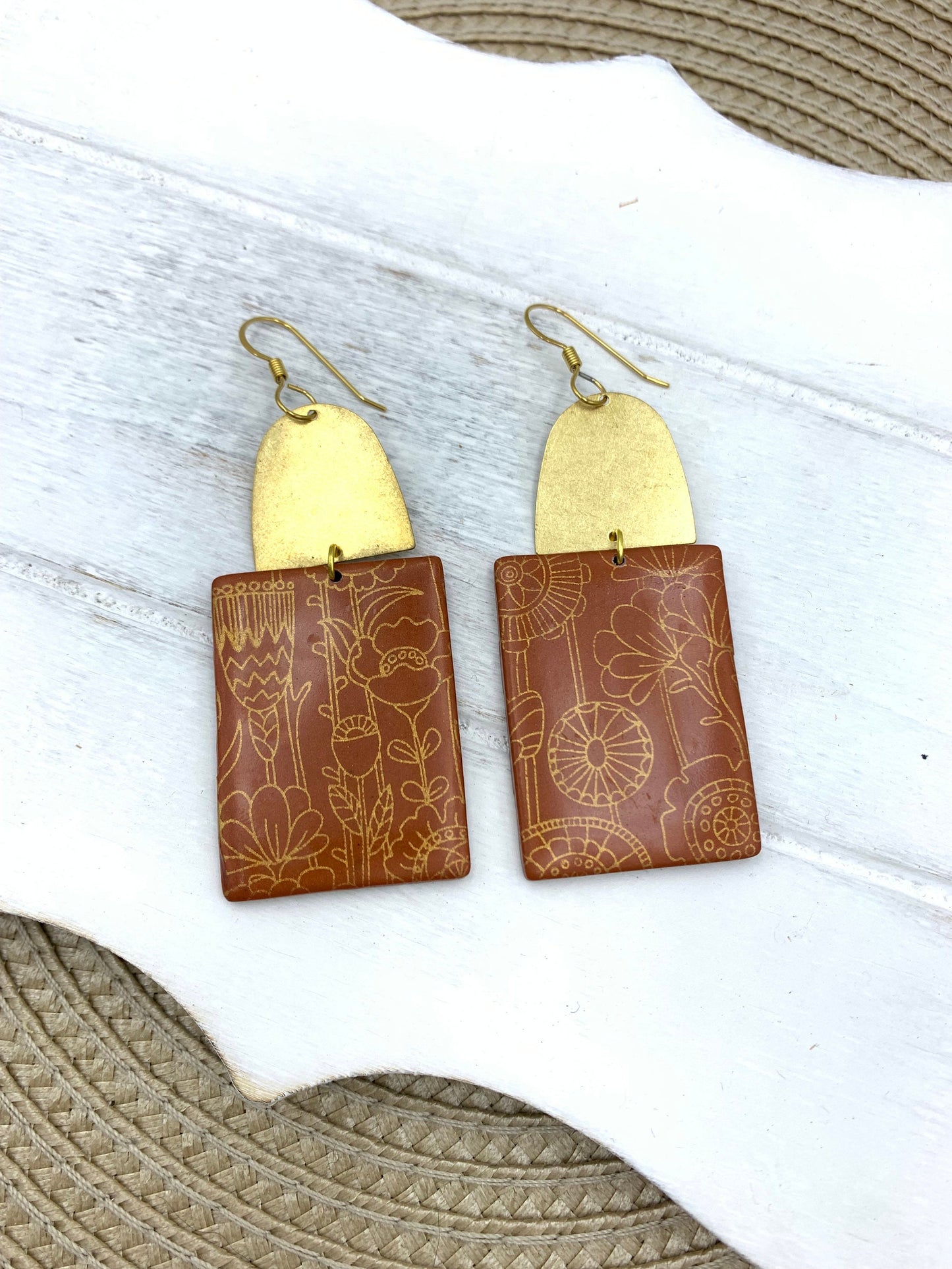 Bronze Screen Printed Dangle Earrings: Modern Floral Statement Jewelry