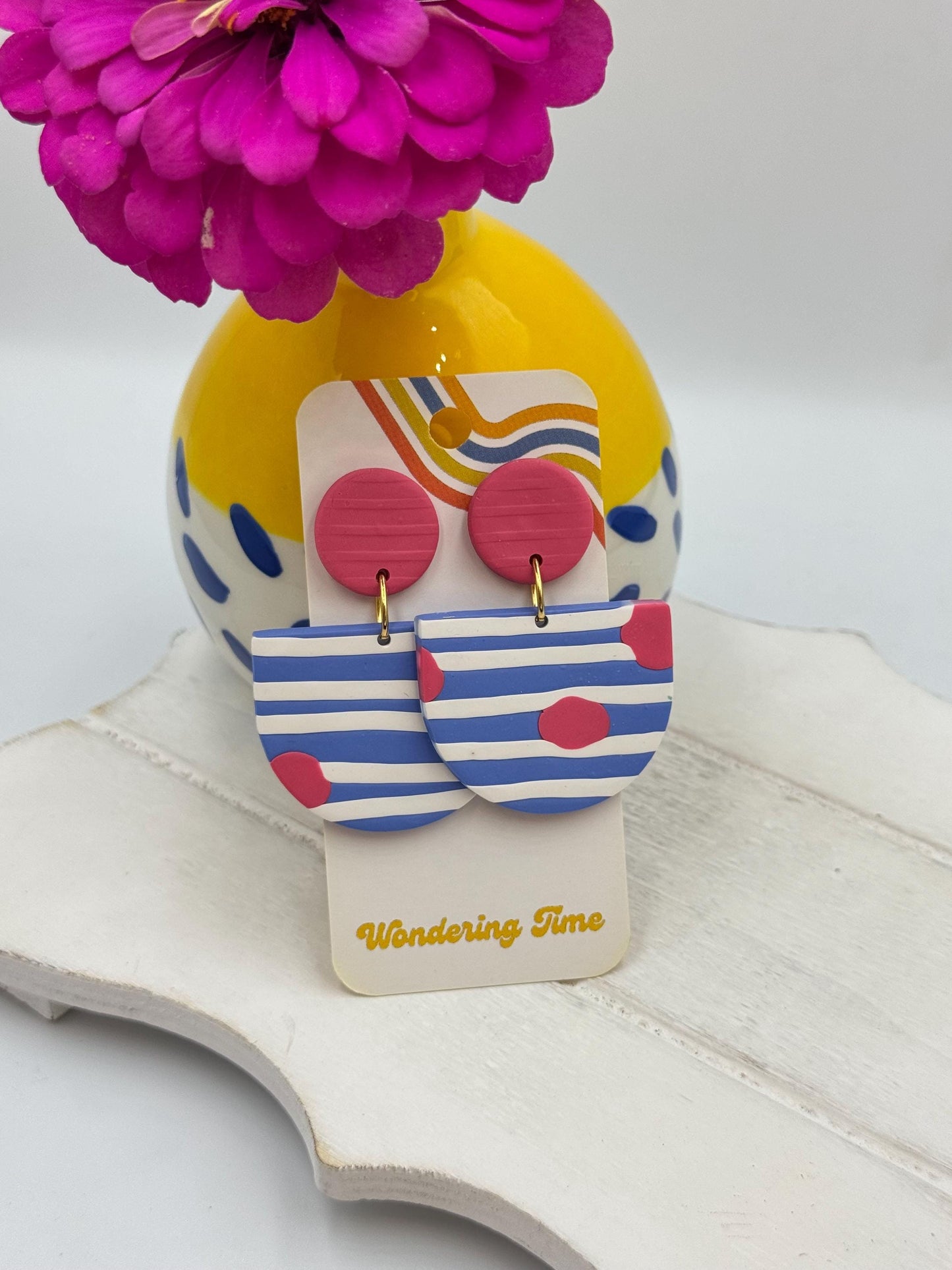 Striped Polymer Clay Statement Earrings: Nautical Geometric Dangles