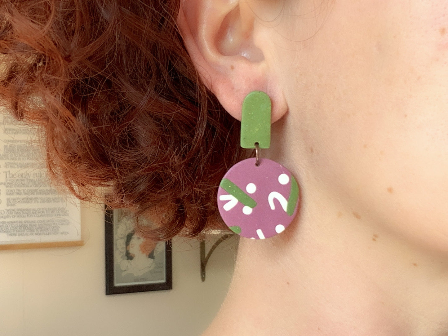 Handmade Polymer Clay Dangle Earrings: Funky Green & Purple