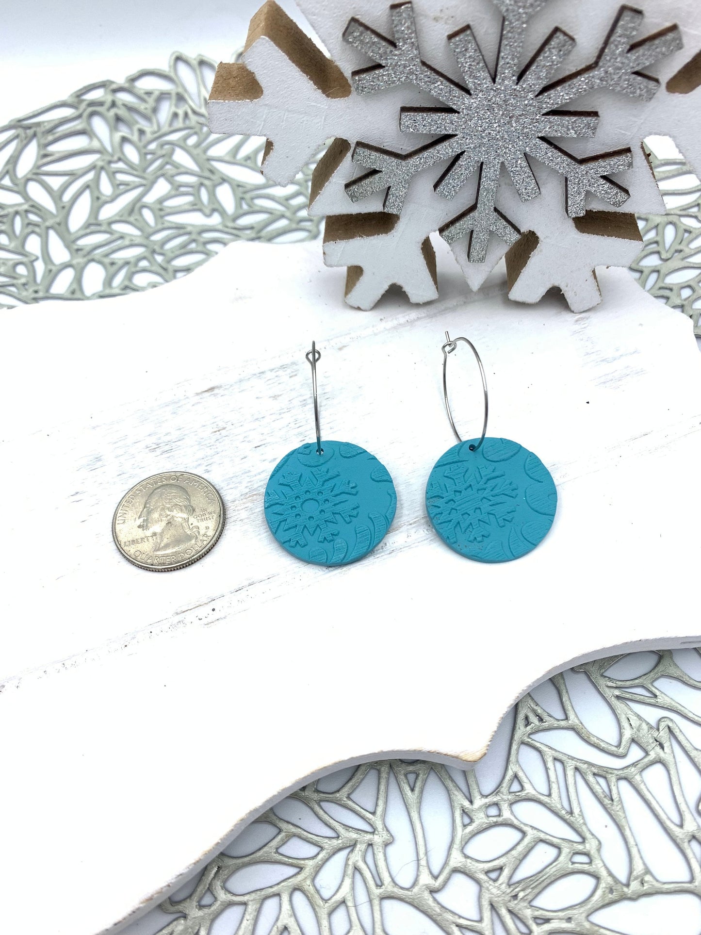 Turquoise Snowflake Earrings: Embossed Polymer Clay Winter Dangles