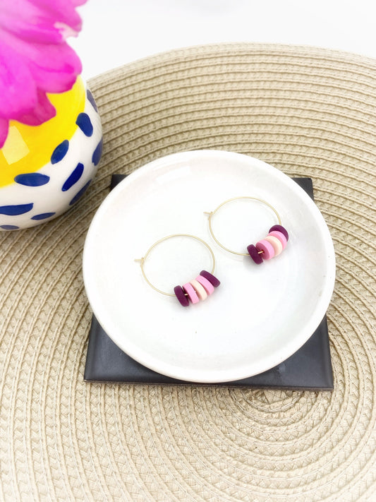 Handmade Pink Purple Hoop Earrings: Colorful Polymer Clay Dangles