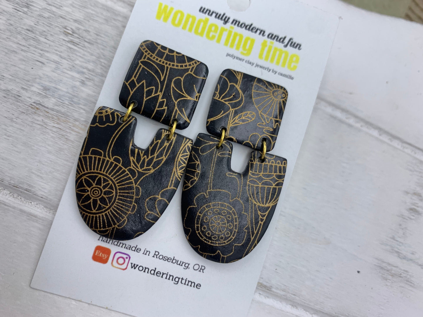 Black Clay Dangle Earrings: Gold Floral Design, Lightweight