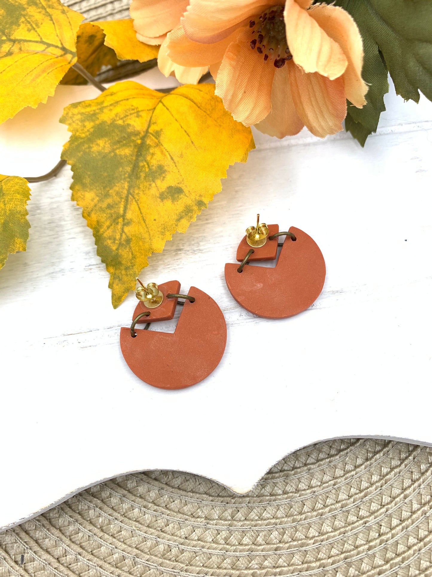 Art Deco Polymer Clay Earrings: Burnt Orange Modern Design