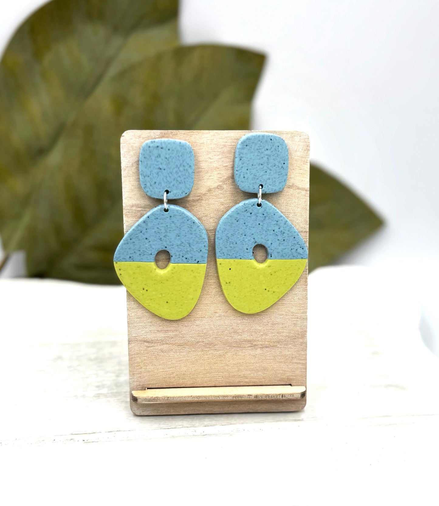 Handmade Geometric Polymer Clay Earrings – Blue & Green Color Block Jewelry