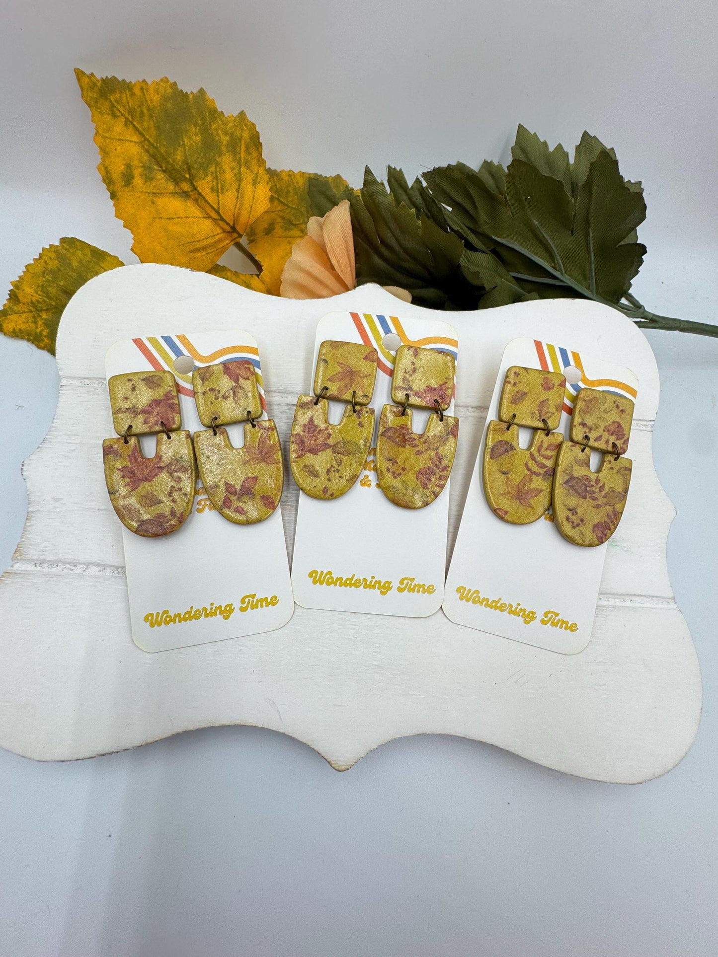 Handmade Gold Fall Leaf Earrings: Boho Polymer Clay Botanical Jewelry