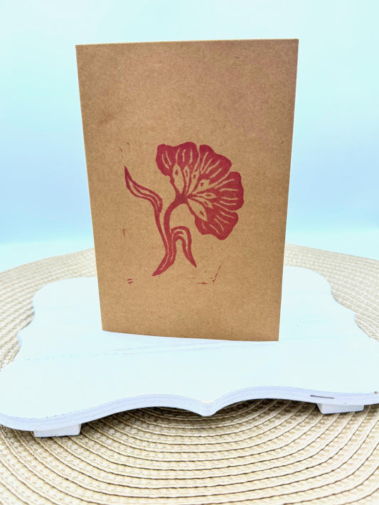 Art Deco Flower Card: Raspberry Hand Printed Blank Card