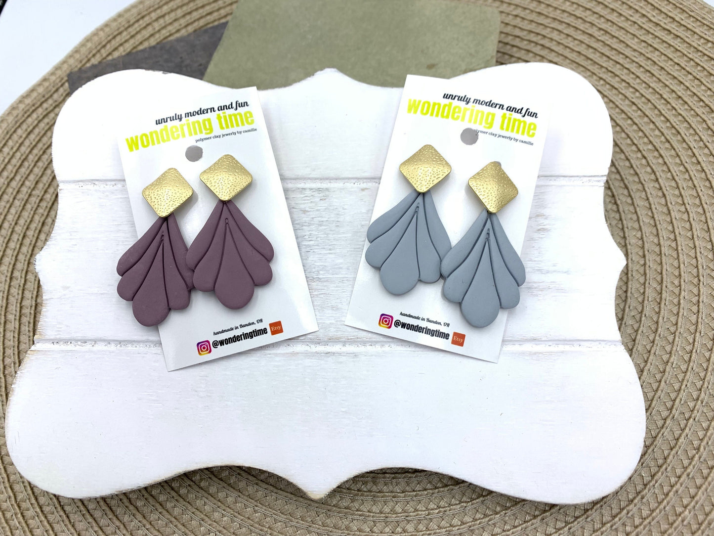 Gray Scalloped Dangle Earrings: Lightweight Modern Polymer Clay