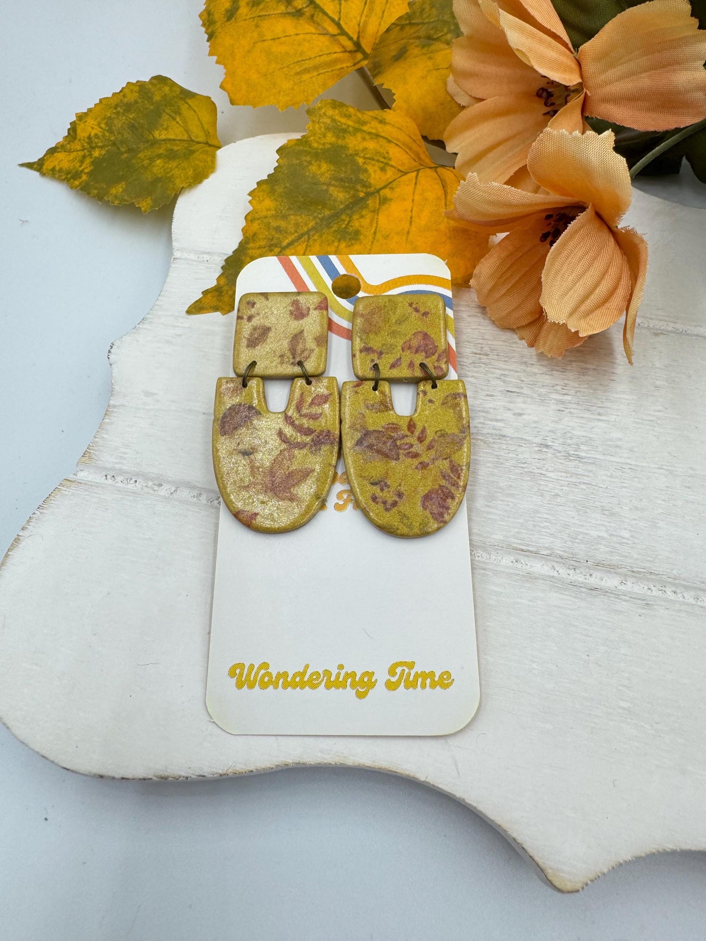 Handmade Gold Fall Leaf Earrings: Boho Polymer Clay Botanical Jewelry