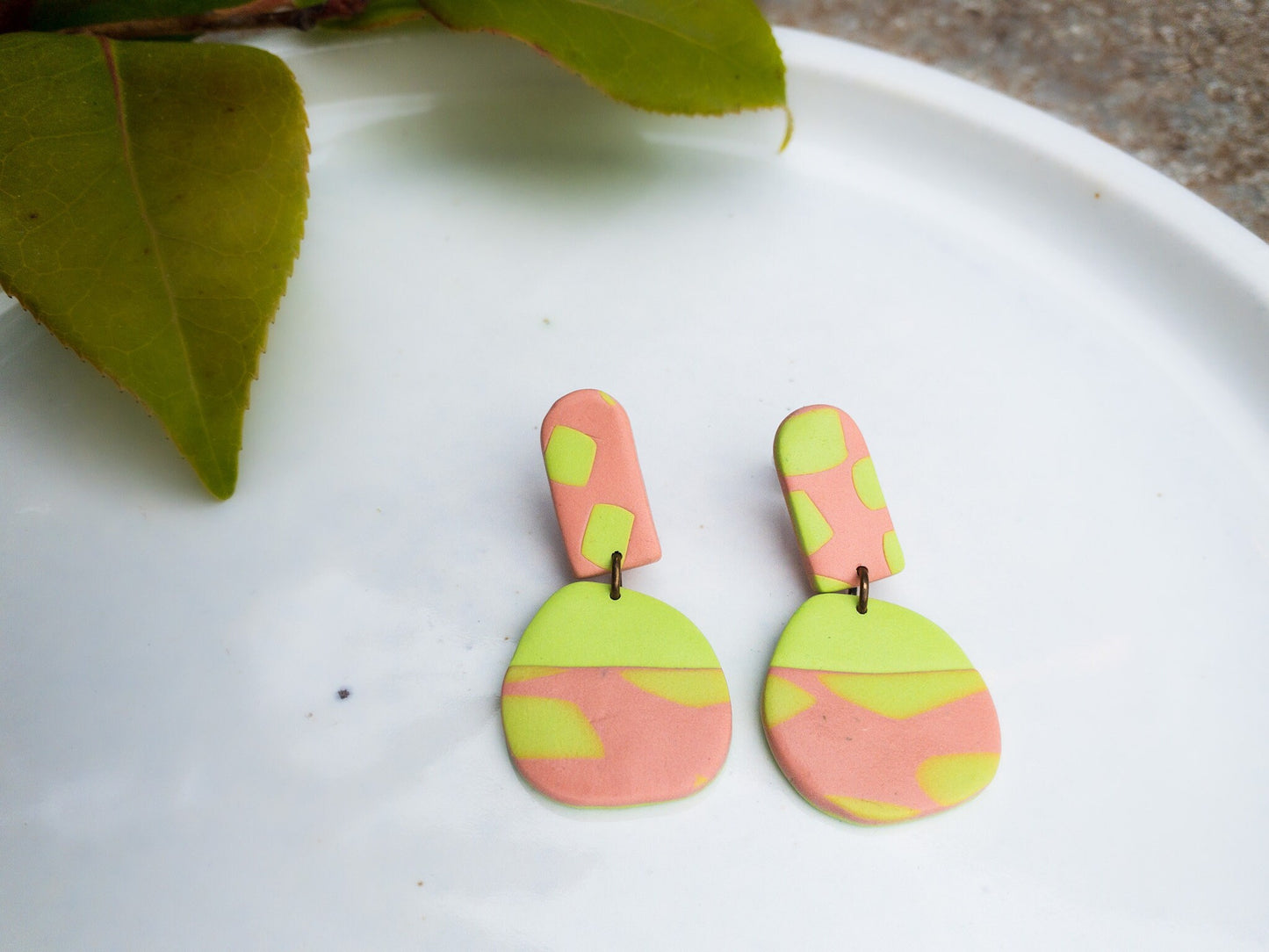 Funky Polymer Clay Dangle Earrings: Neon Pink & Lime Green