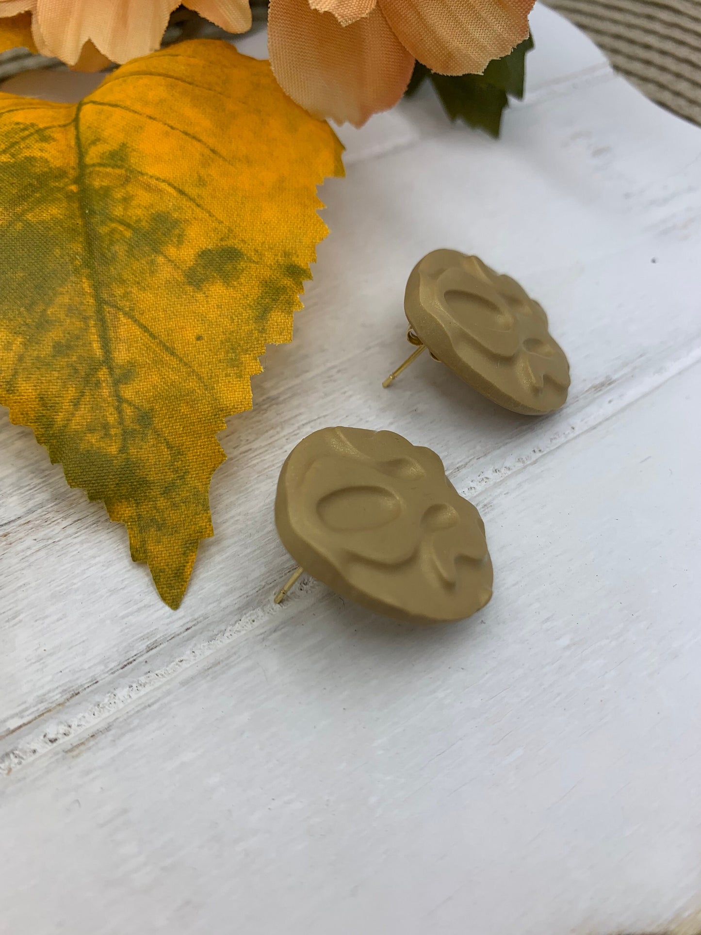 Embossed Gold Stud Earrings: Neutral Polymer Clay, Minimalist Jewelry