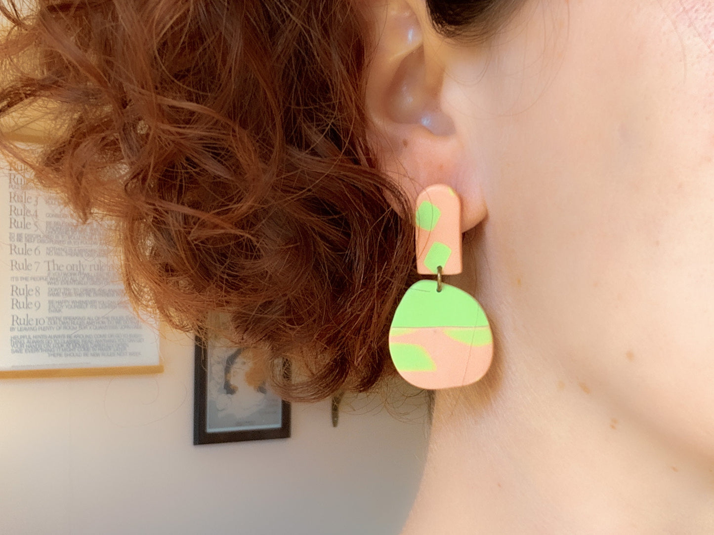 Funky Polymer Clay Dangle Earrings: Neon Pink & Lime Green