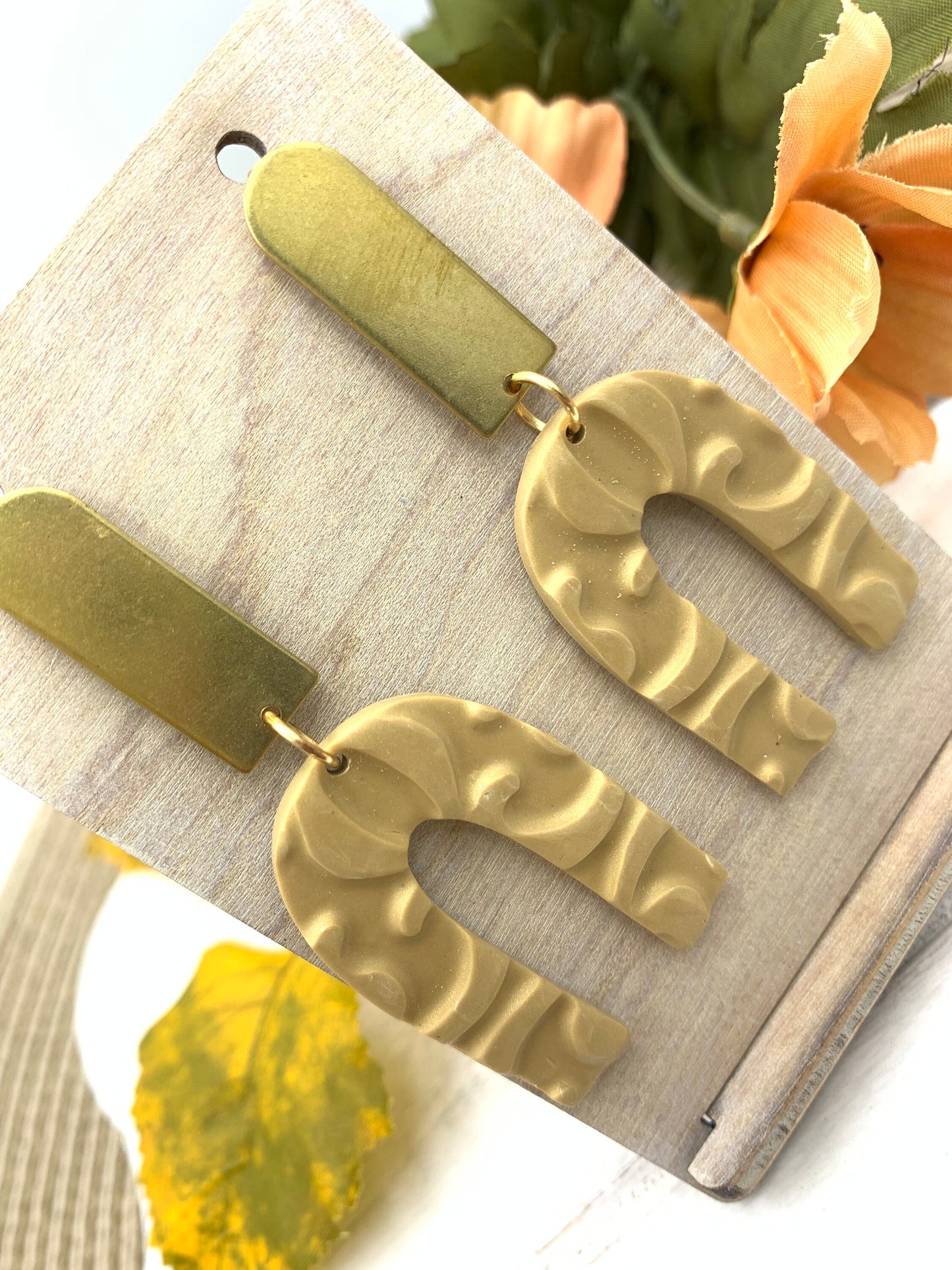Embossed Soft Gold Polymer Clay Dangle Earrings: Nickel-Free Statement Jewelry