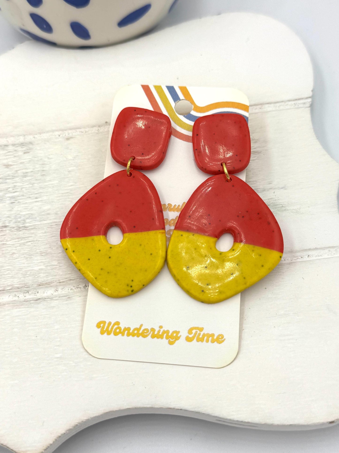 Geometric Polymer Clay Earrings: Red & Yellow Color Block, Handmade
