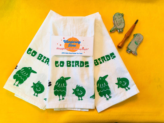 Handmade Philly Eagles Tea Towel: Block Printed Cotton 'Go Birds' Kitchen Decor