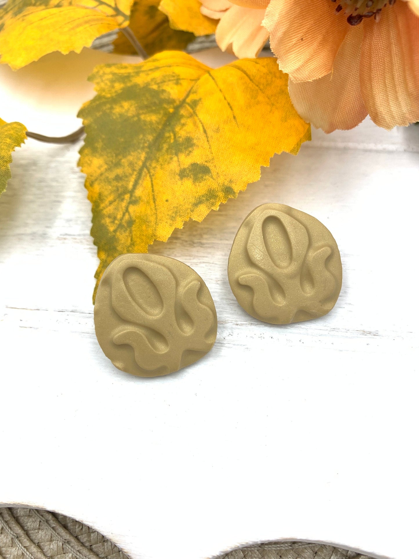 Embossed Gold Stud Earrings: Neutral Polymer Clay, Minimalist Jewelry