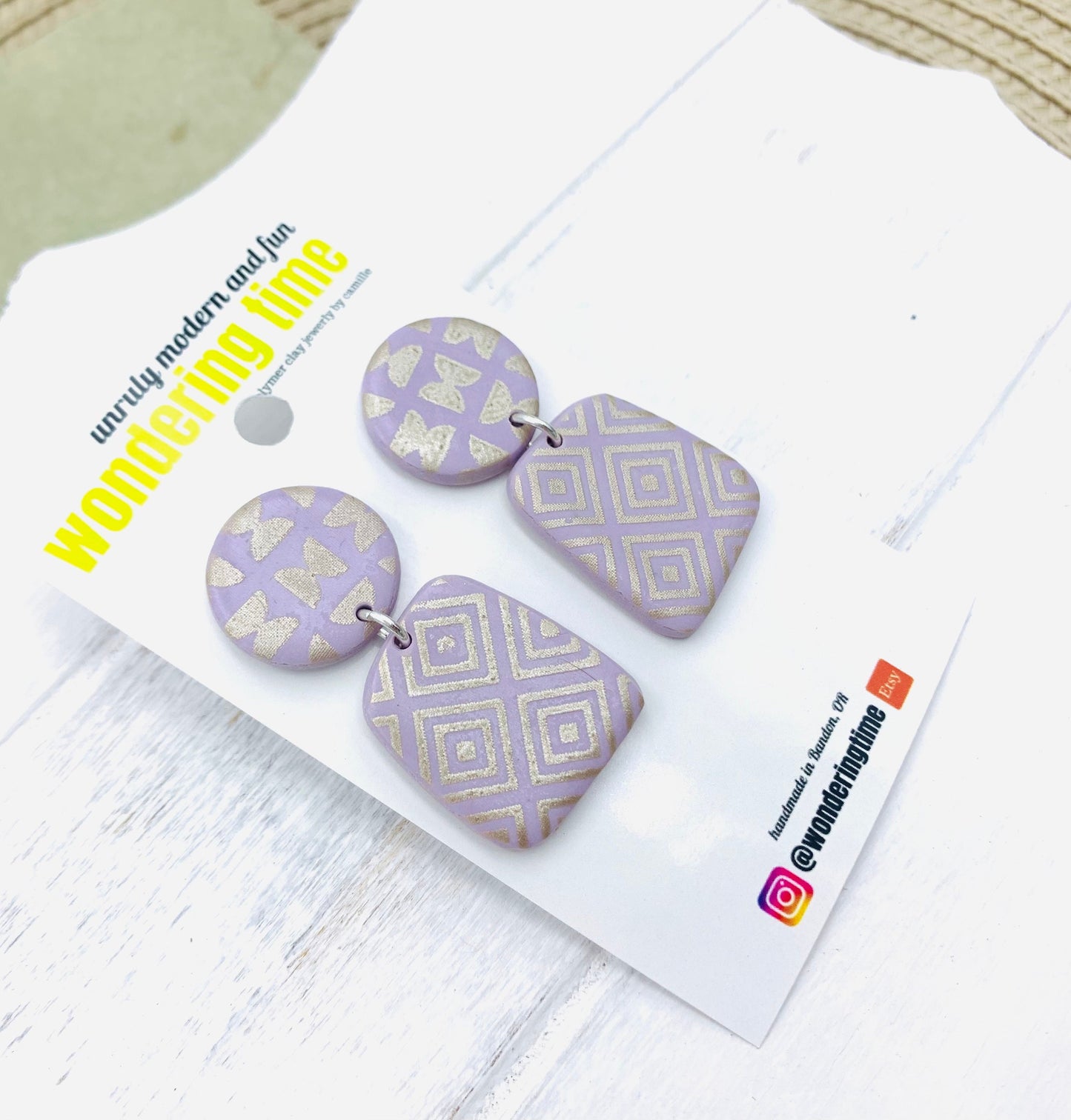 Pastel Dangle Earrings: Lightweight Polymer Clay, Geometric Print