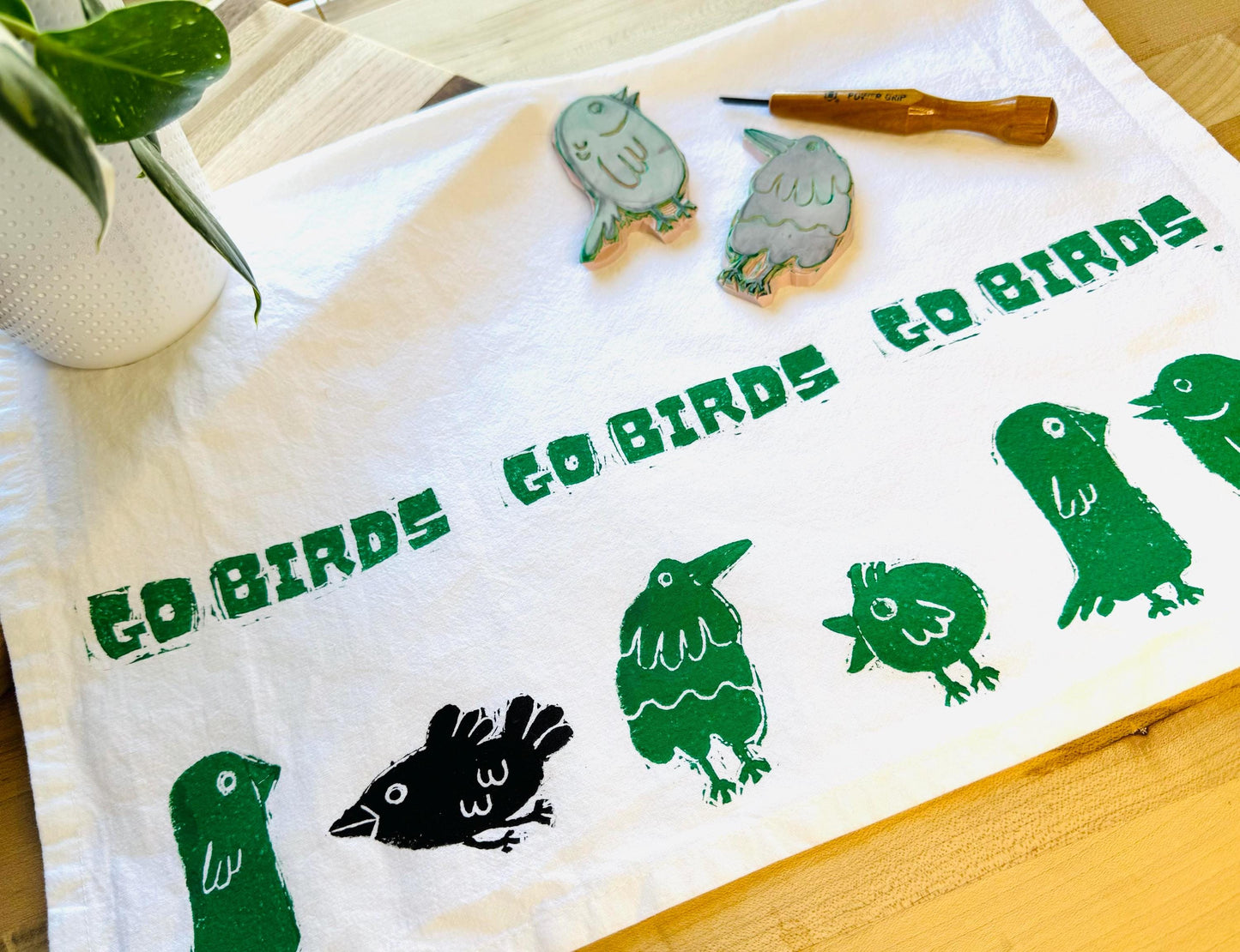 Handmade Philly Eagles Tea Towel: Block Printed Cotton 'Go Birds' Kitchen Decor