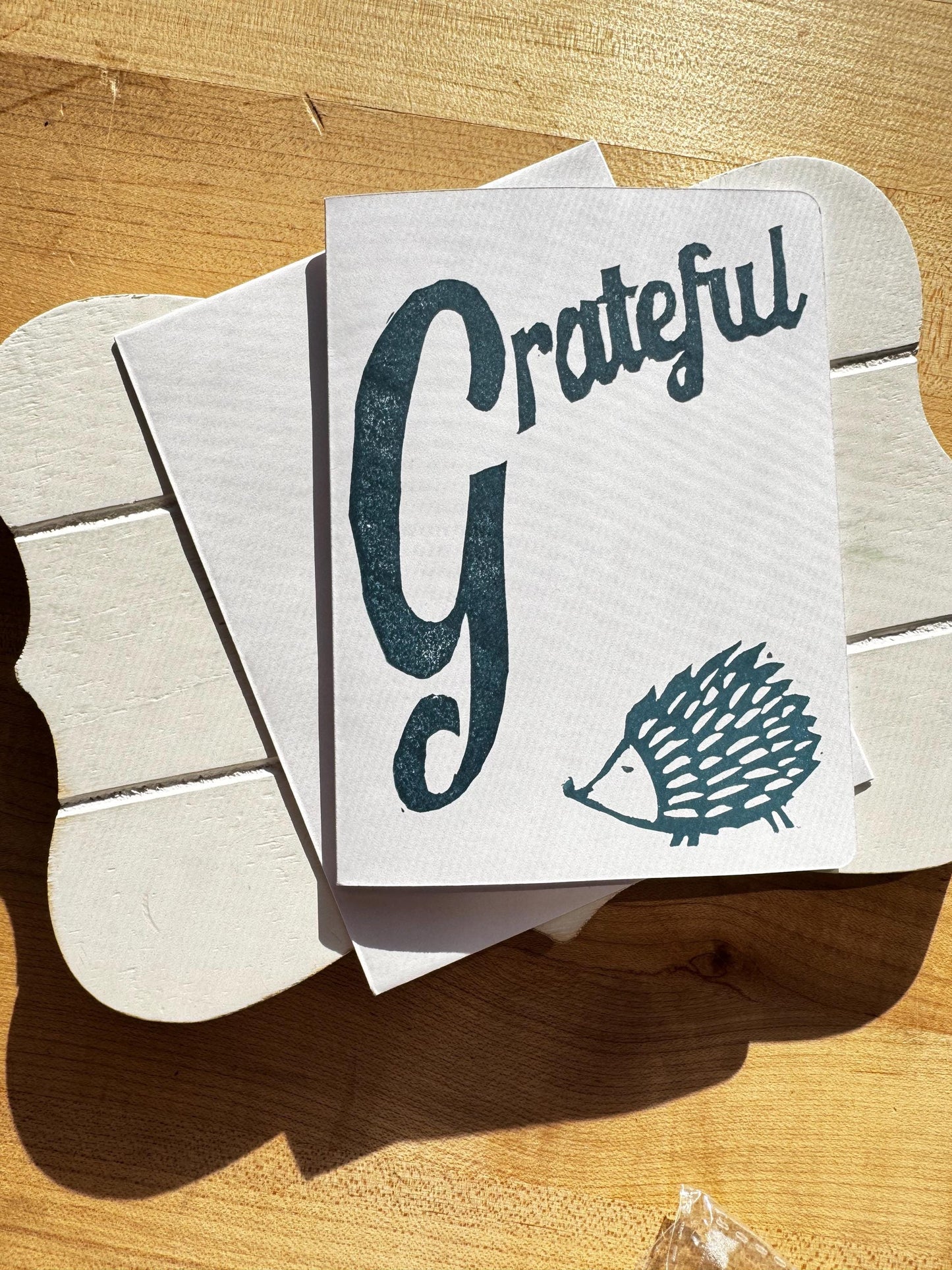 Hand Stamped “Grateful” Card with Hedgehog – Block-printed Thank You Card – Fall Gratitude – Woodland Animal Stationery
