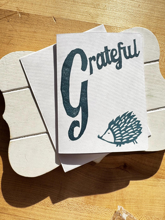 Hand Stamped “Grateful” Card with Hedgehog – Block-printed Thank You Card – Fall Gratitude – Woodland Animal Stationery