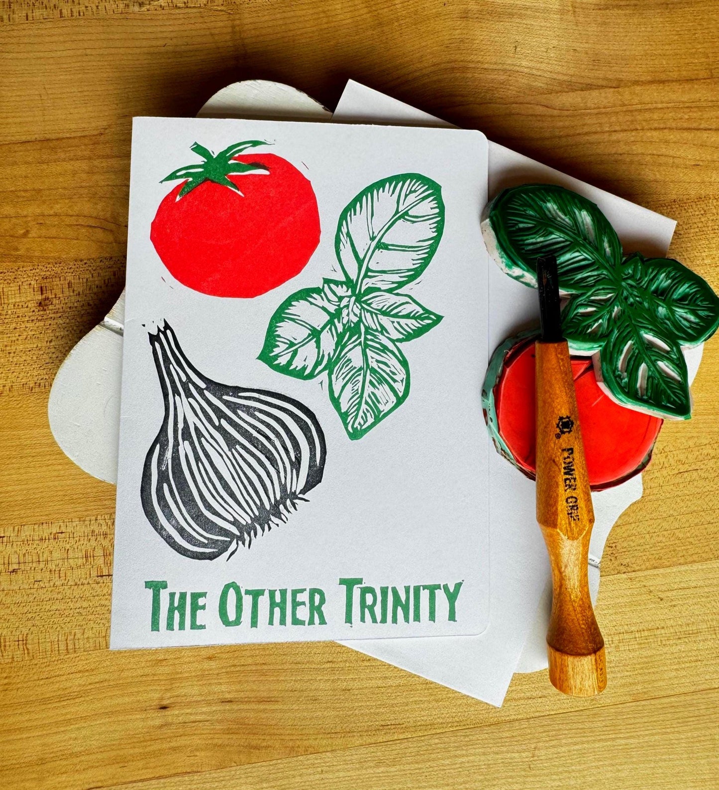 The Other Trinity Hand Stamped Card – Tomato, Garlic & Basil – Italian Foodie Note Card – Chef Gift