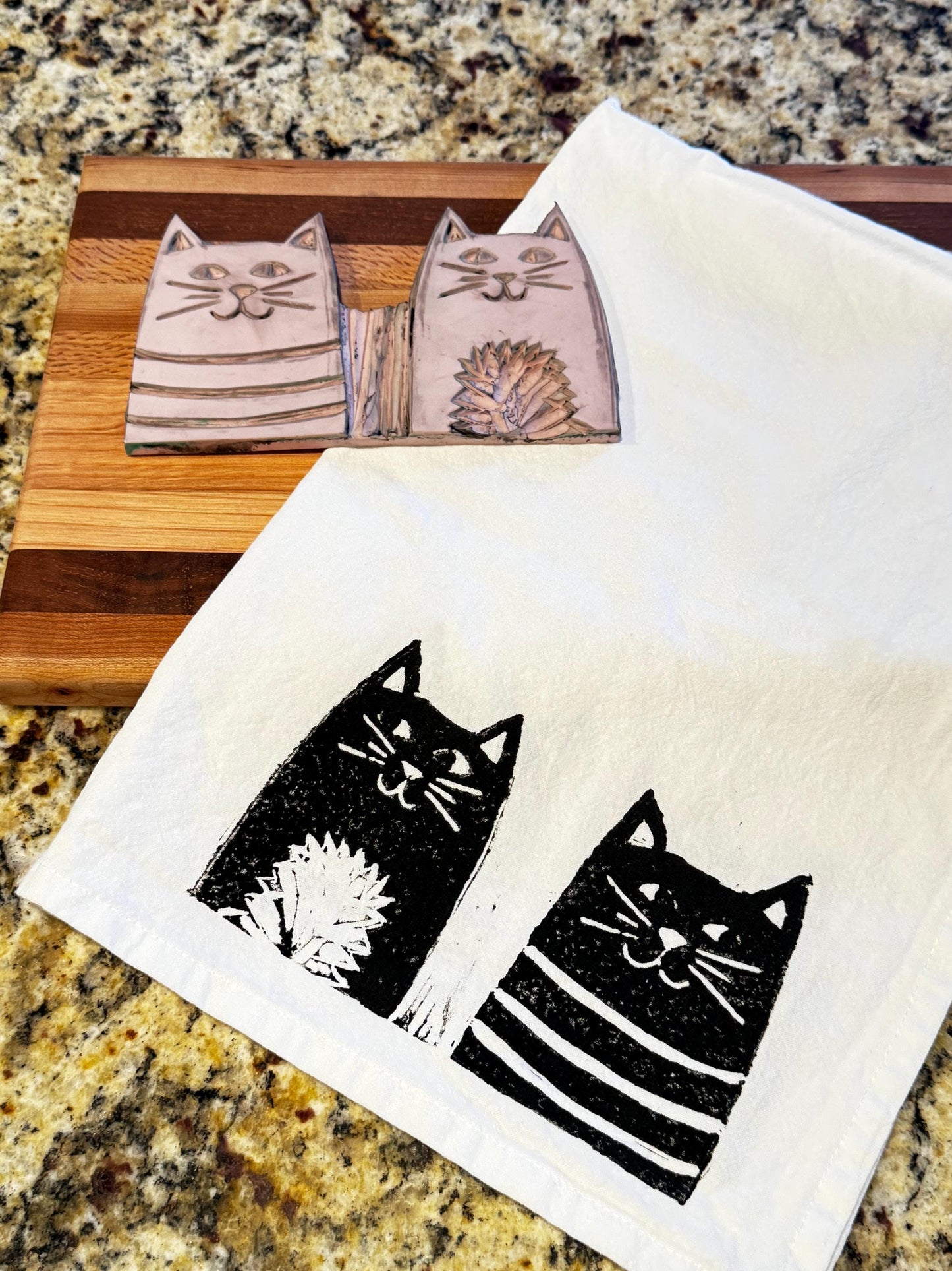 Handmade Black Cat Tea Towel: Block Printed Cotton Dish Towel