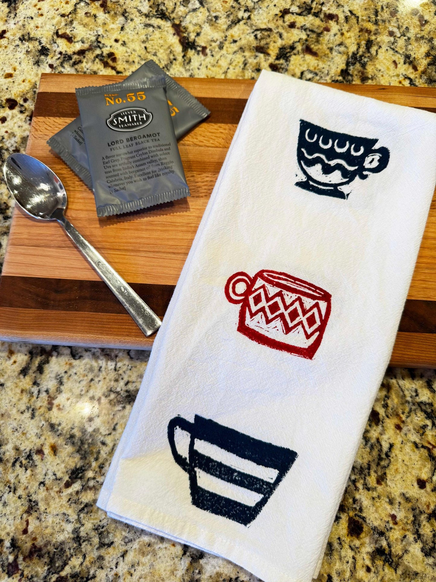 Hand Printed Tea Towel – Mid-Century Mug Design, Retro Kitchen Decor