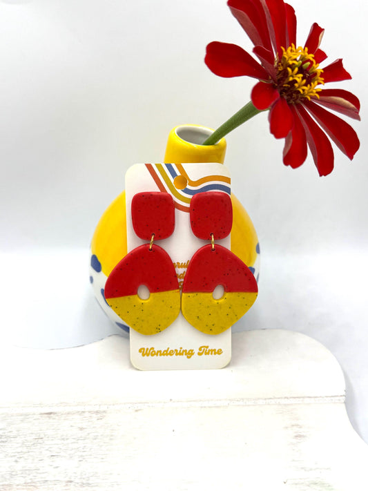 Geometric Polymer Clay Earrings: Red & Yellow Color Block, Handmade