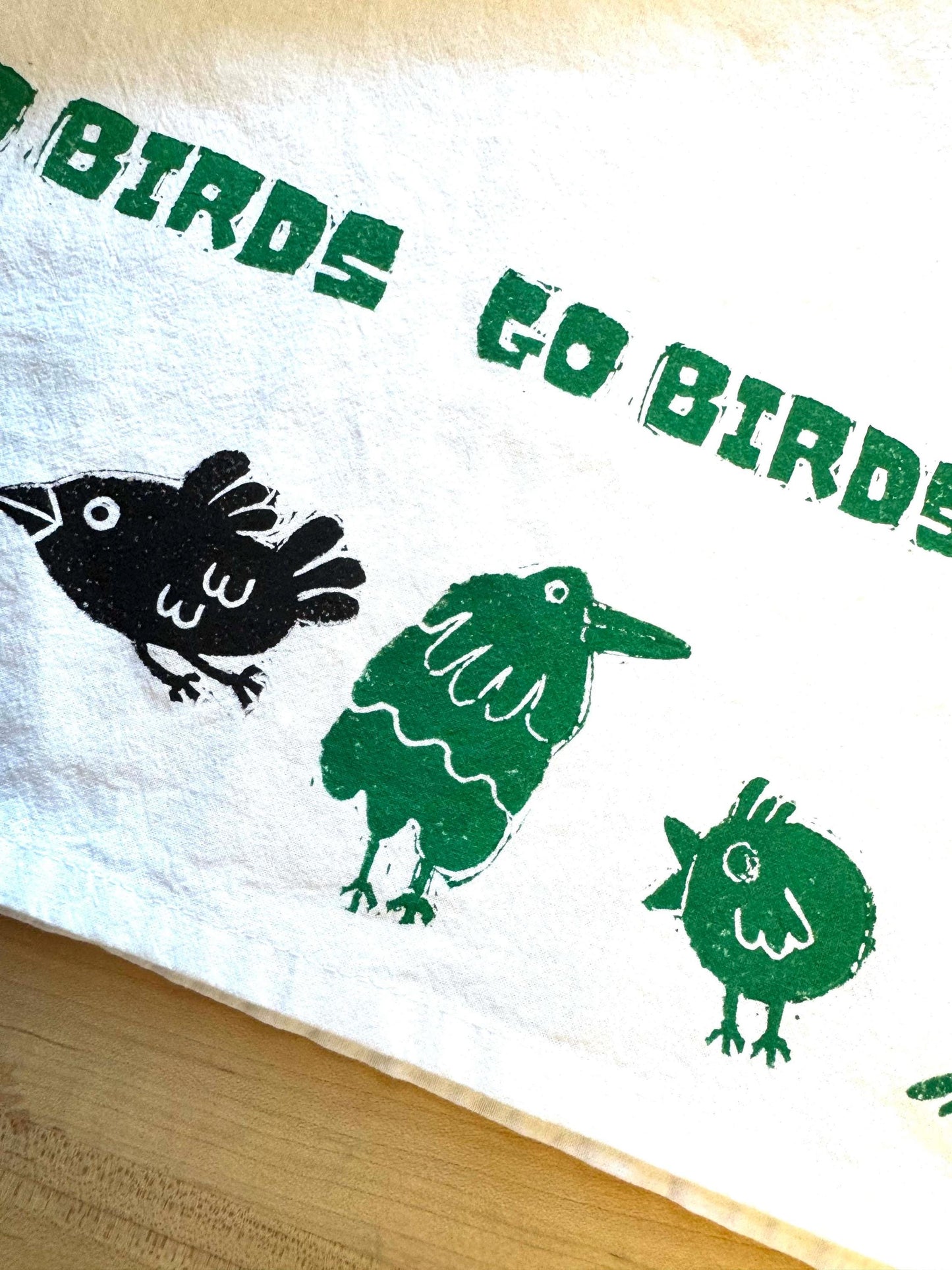 Handmade Philly Eagles Tea Towel: Block Printed Cotton 'Go Birds' Kitchen Decor