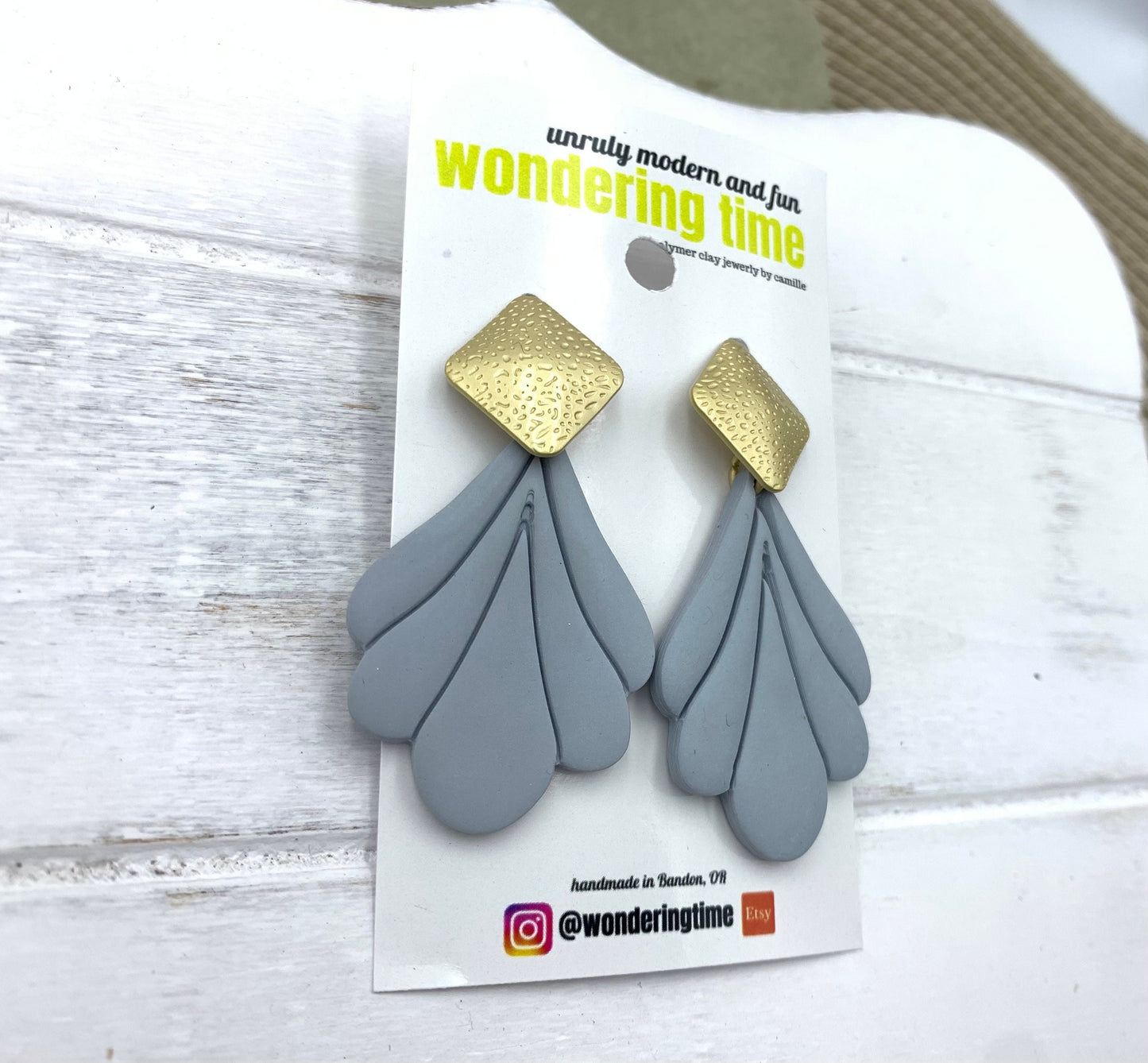 Gray Scalloped Dangle Earrings: Lightweight Modern Polymer Clay