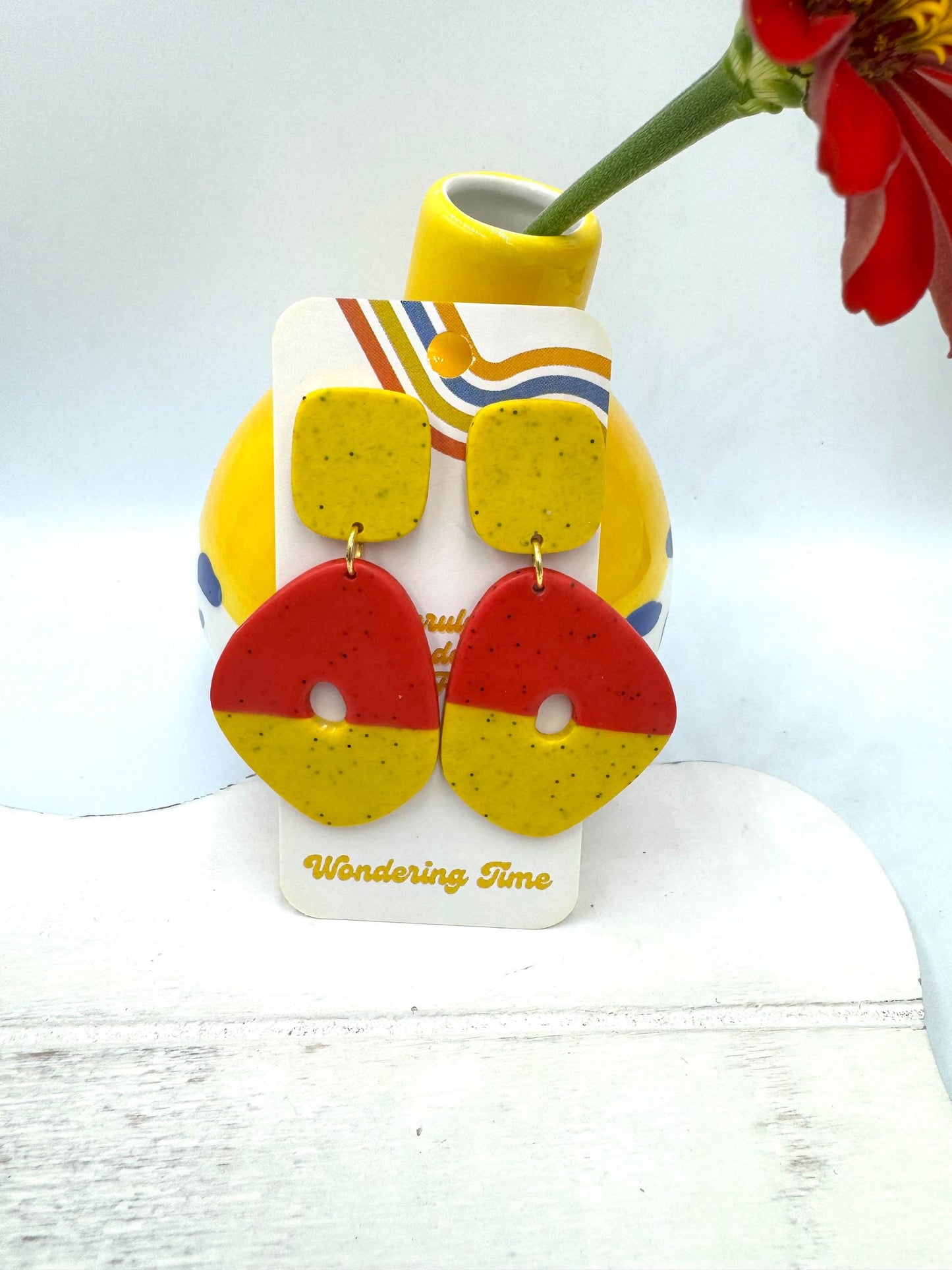 Geometric Polymer Clay Earrings: Red & Yellow Color Block, Handmade