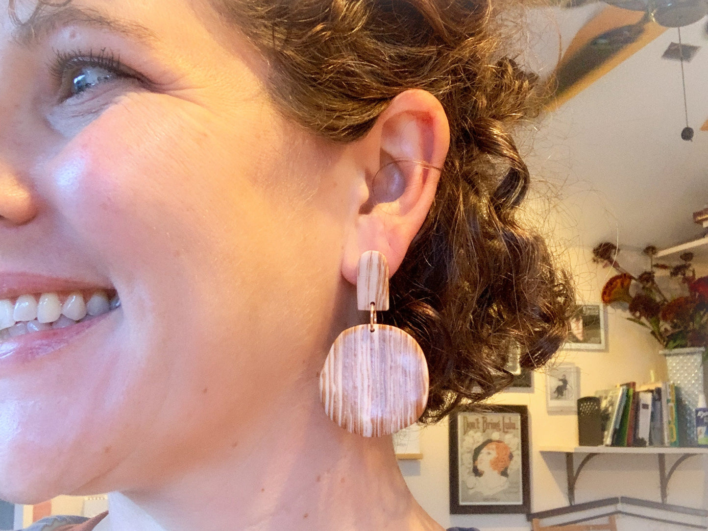 Wood Grain Polymer Clay Dangle Earrings: Bronze Stripe Statement Jewelry