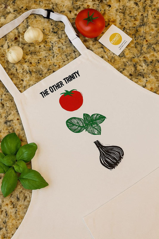 Hand Stamped Italian Apron: Tomato, Basil & Garlic - Funny Foodie Gift