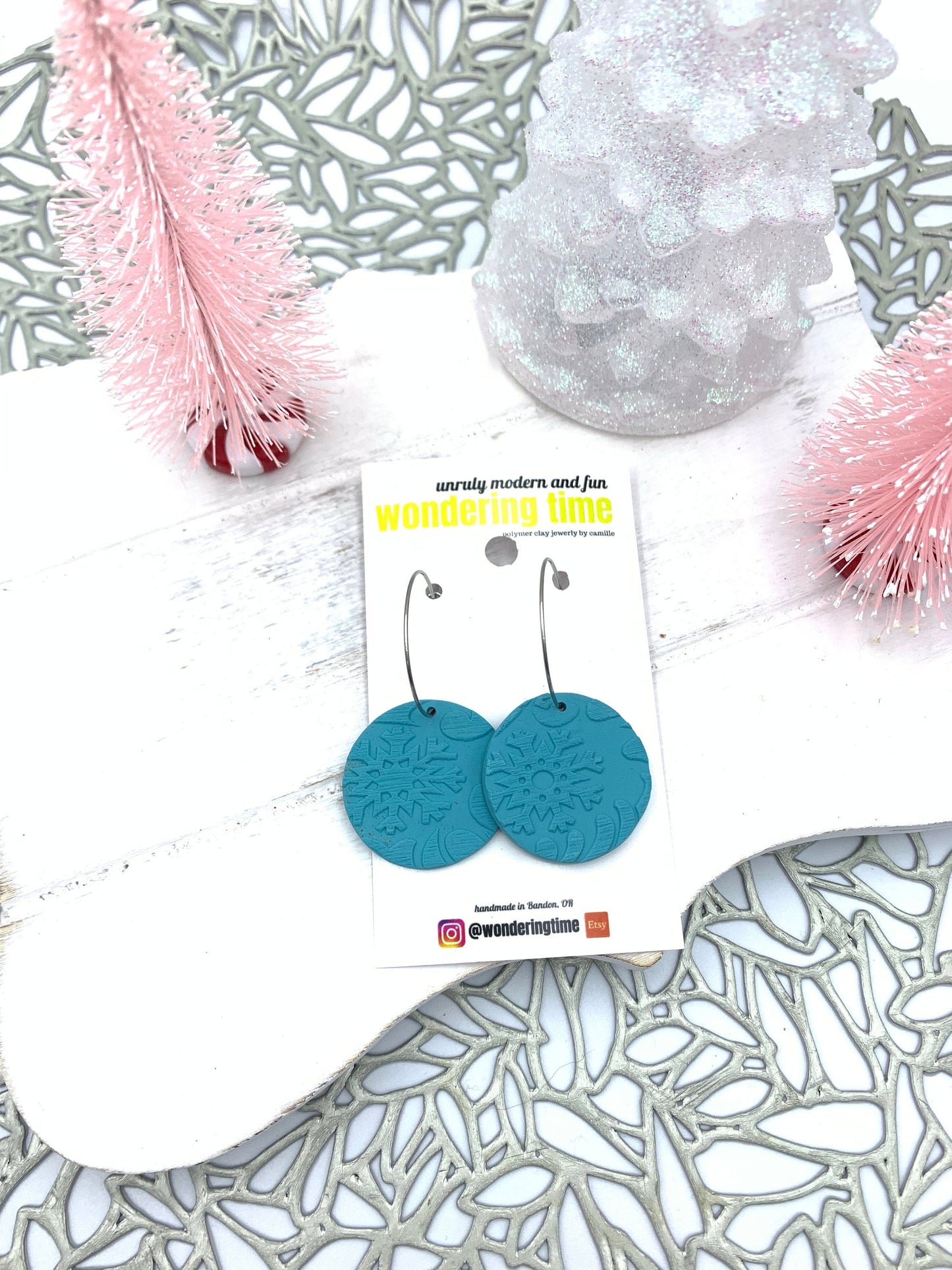 Turquoise Snowflake Earrings: Embossed Polymer Clay Winter Dangles