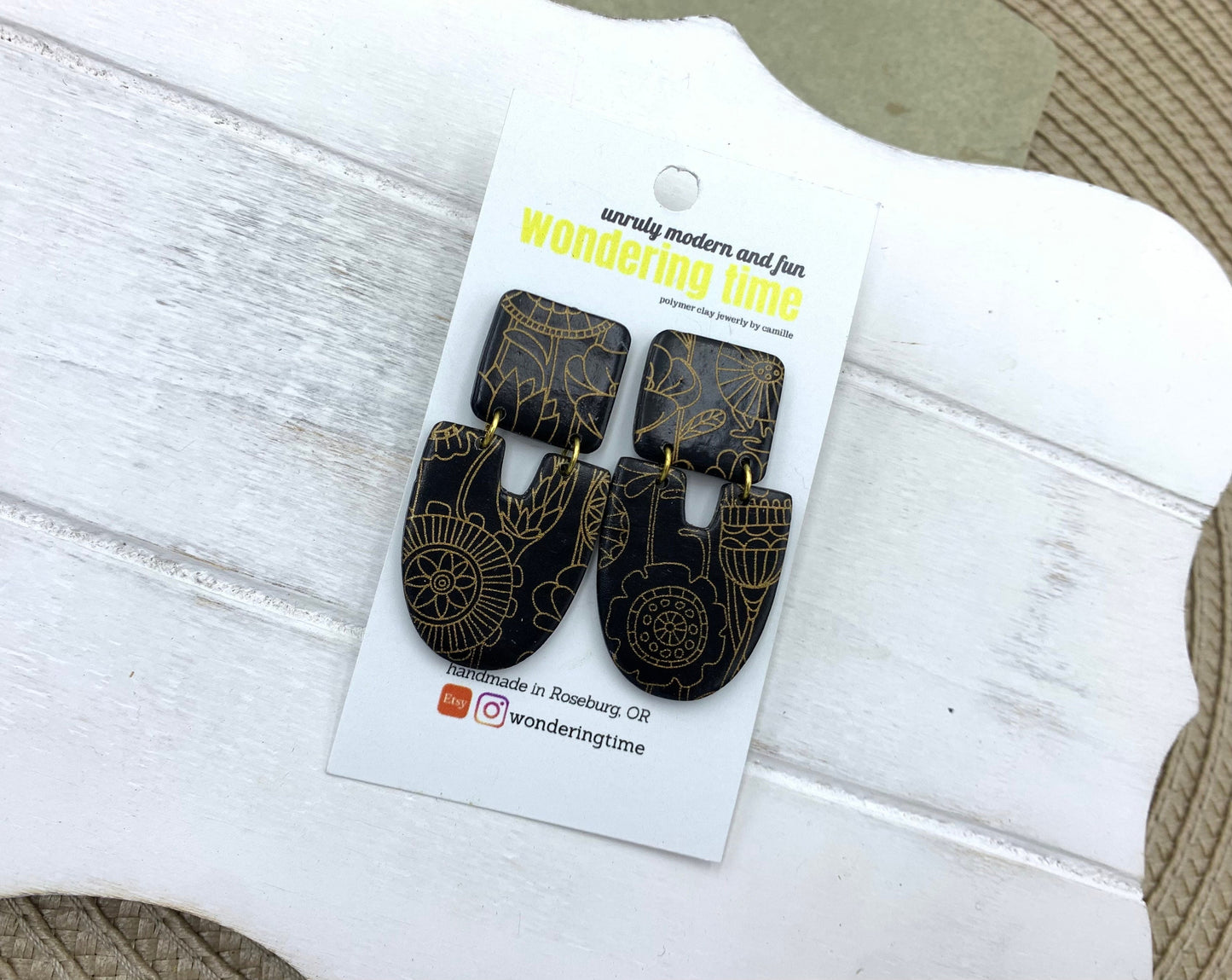 Black Clay Dangle Earrings: Gold Floral Design, Lightweight