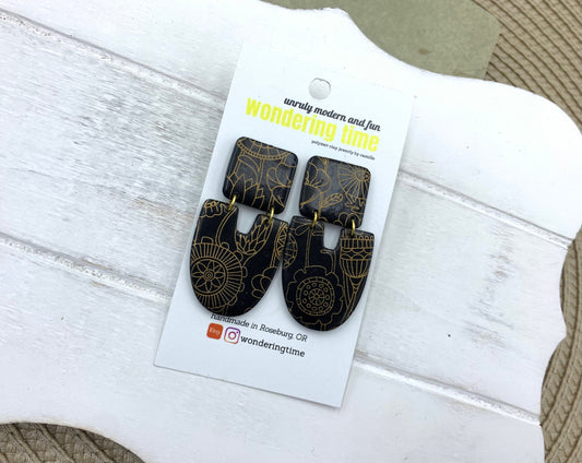 Black Clay Dangle Earrings: Gold Floral Design, Lightweight
