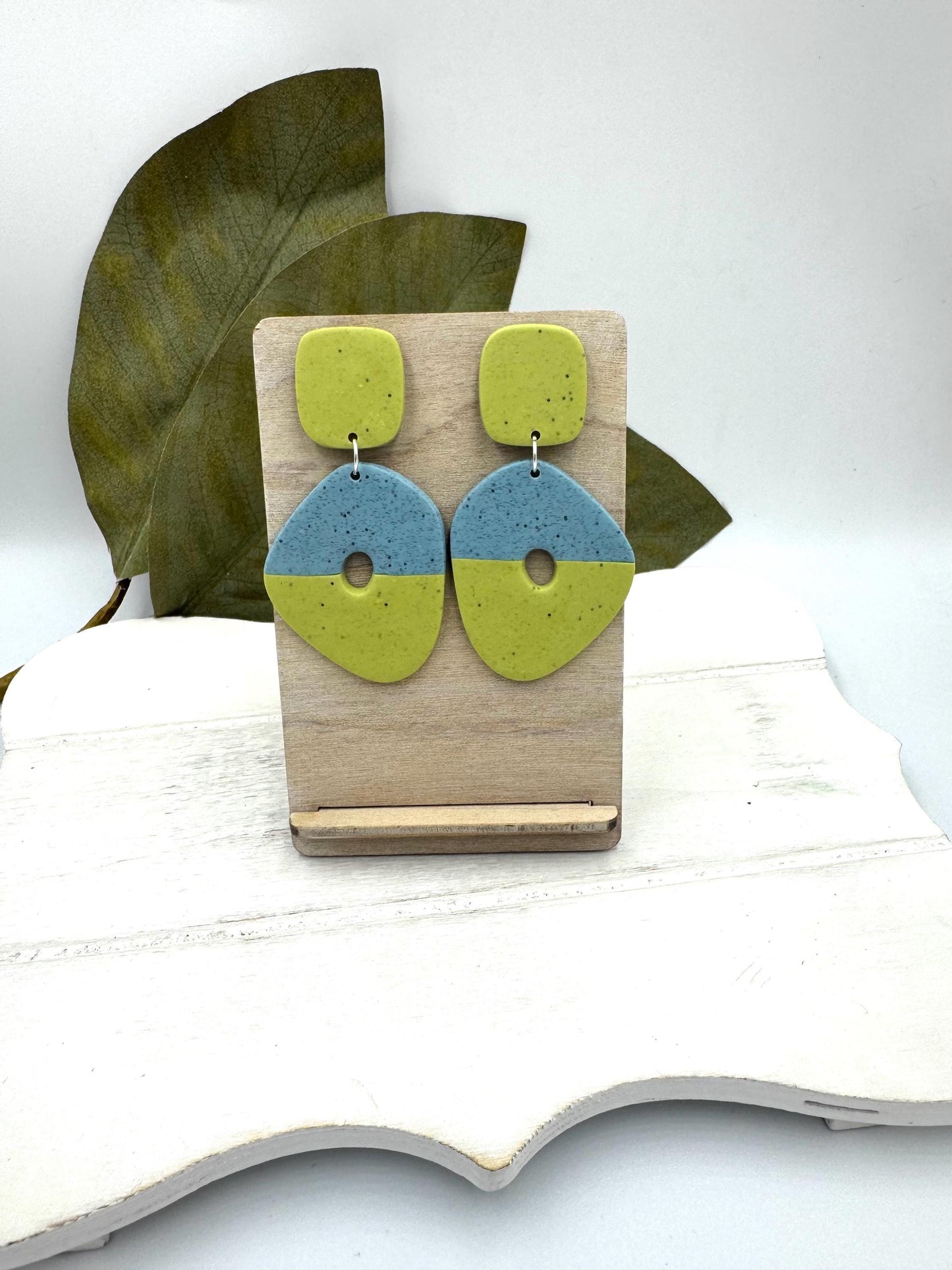 Handmade Geometric Polymer Clay Earrings – Blue & Green Color Block Jewelry