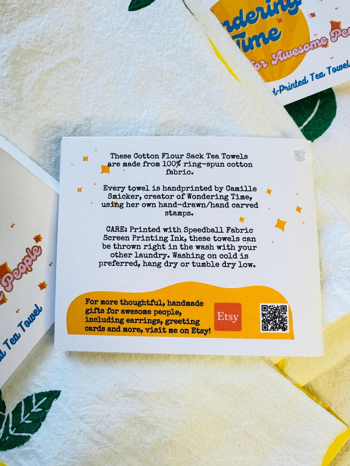 Handmade Lemon Print Tea Towel: Block Printed Kitchen Cotton Decor