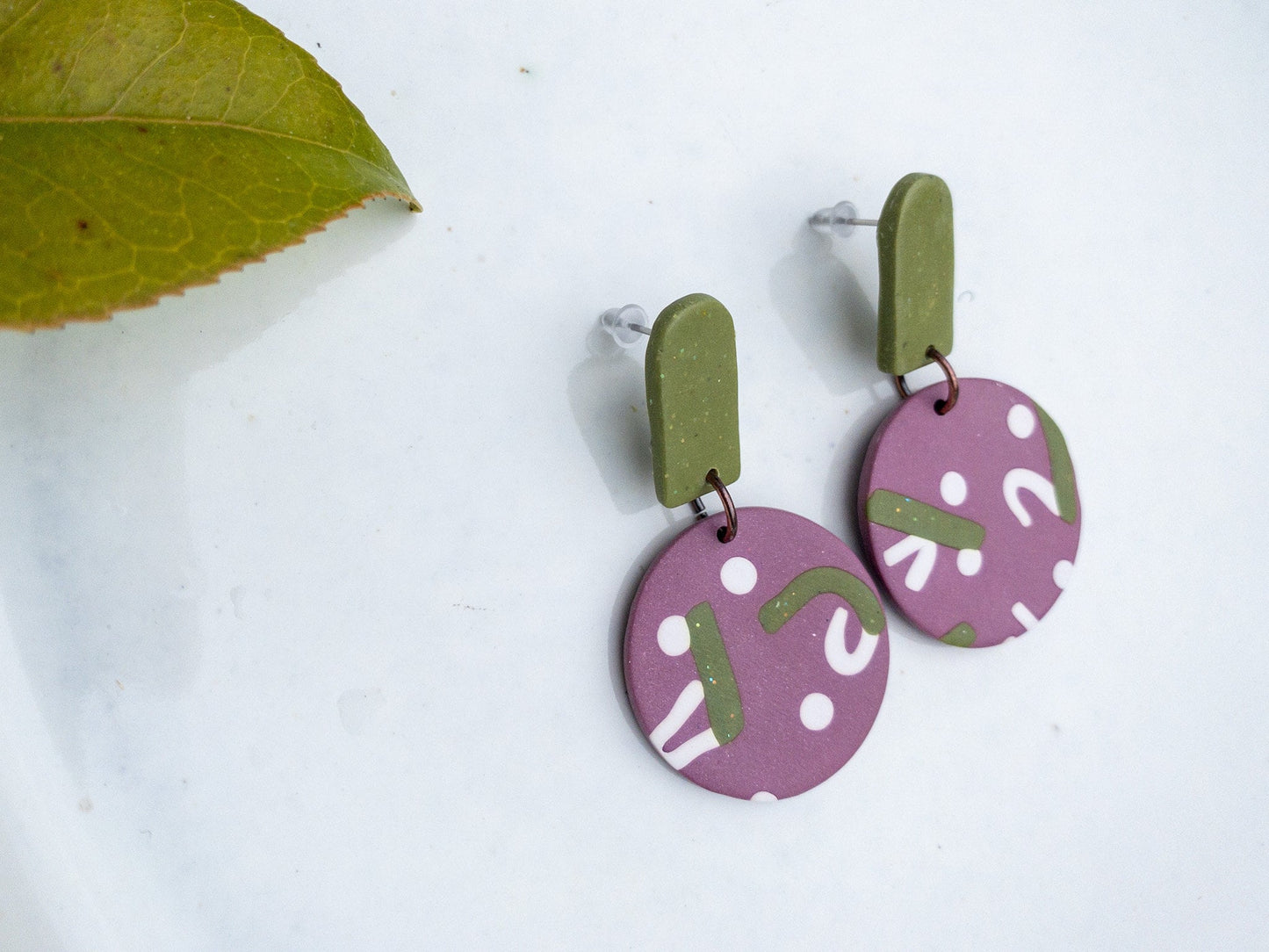 Handmade Polymer Clay Dangle Earrings: Funky Green & Purple