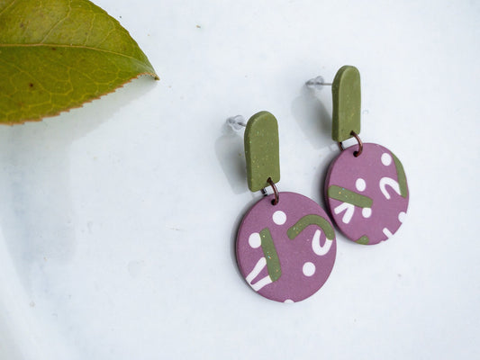 Handmade Polymer Clay Dangle Earrings: Funky Green & Purple