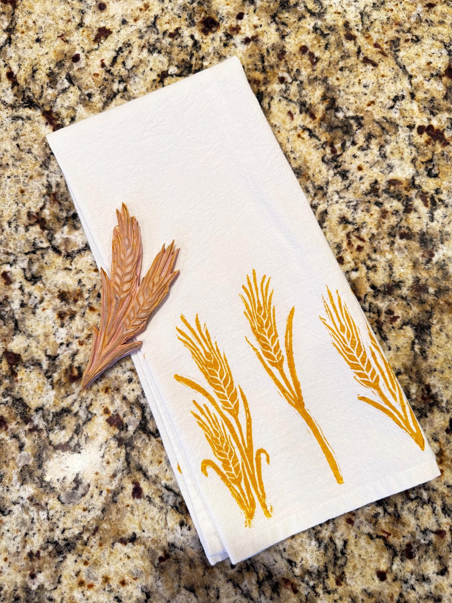 Handmade Wheat Stalk Print Tea Towel: Block Printed Cotton Flour Sack