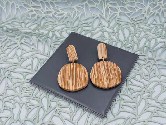 Wood Grain Polymer Clay Dangle Earrings: Bronze Stripe Statement Jewelry