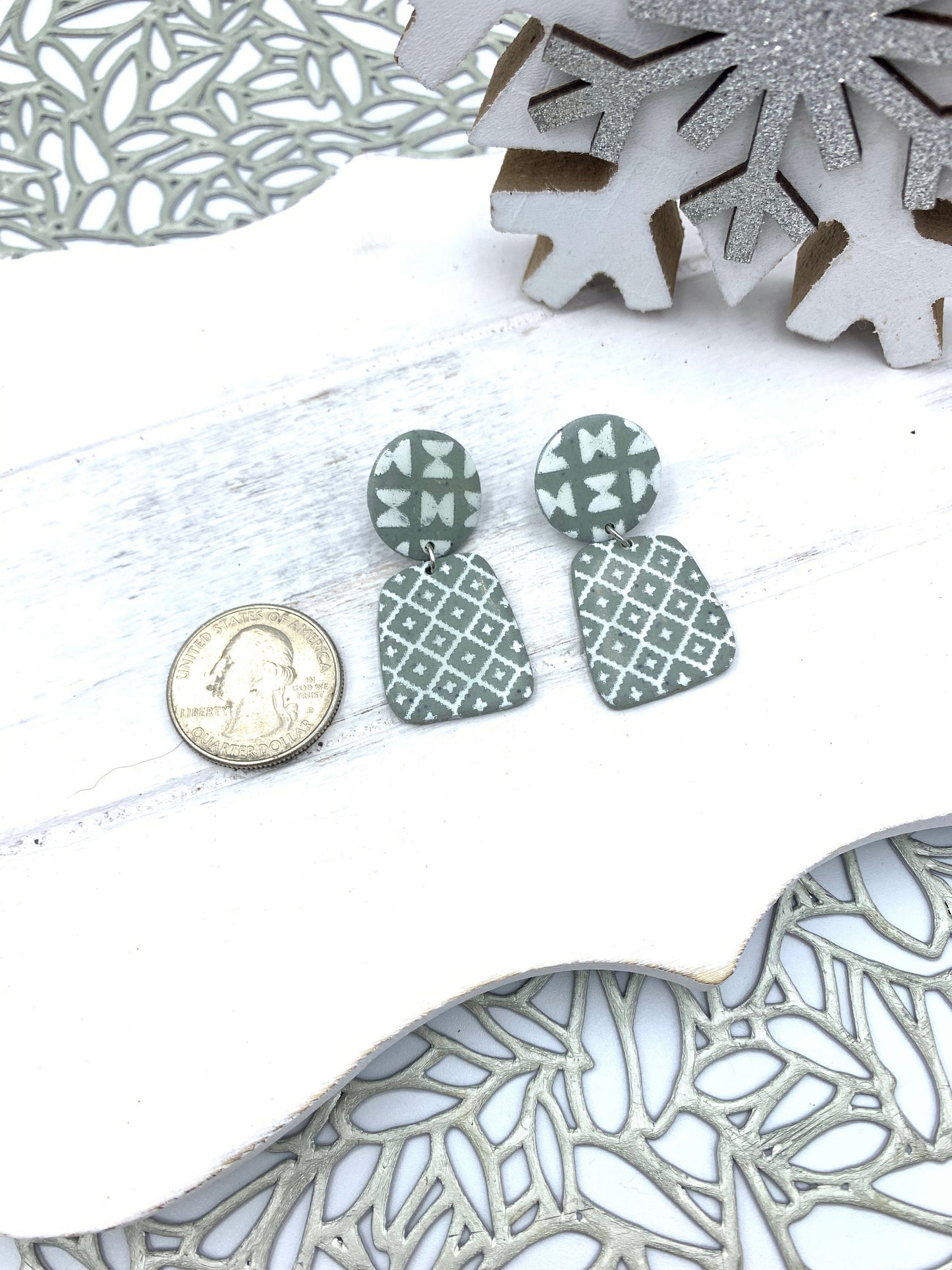 Handmade Grey Clay Dangle Earrings: Geometric Design