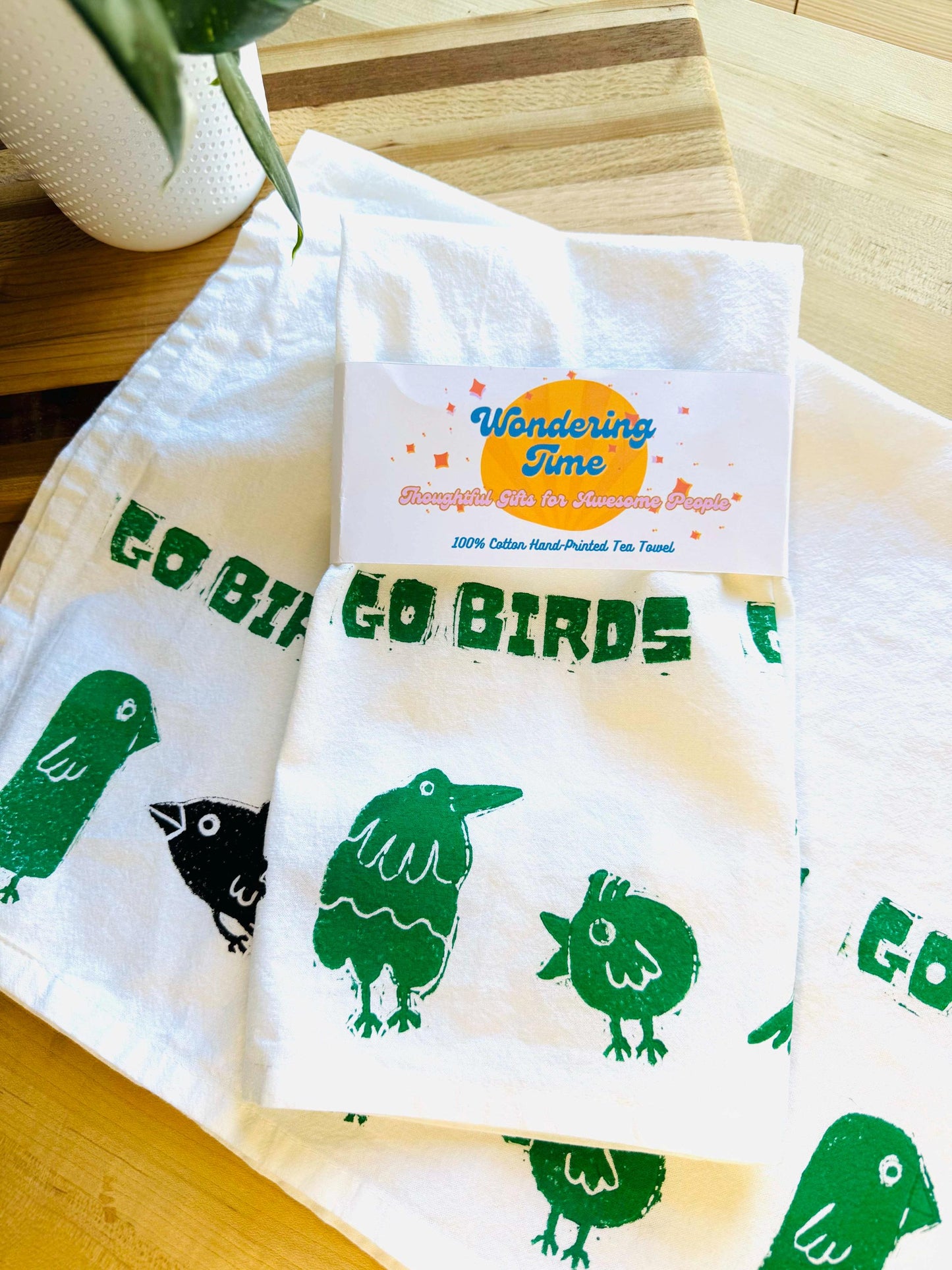 Handmade Philly Eagles Tea Towel: Block Printed Cotton 'Go Birds' Kitchen Decor