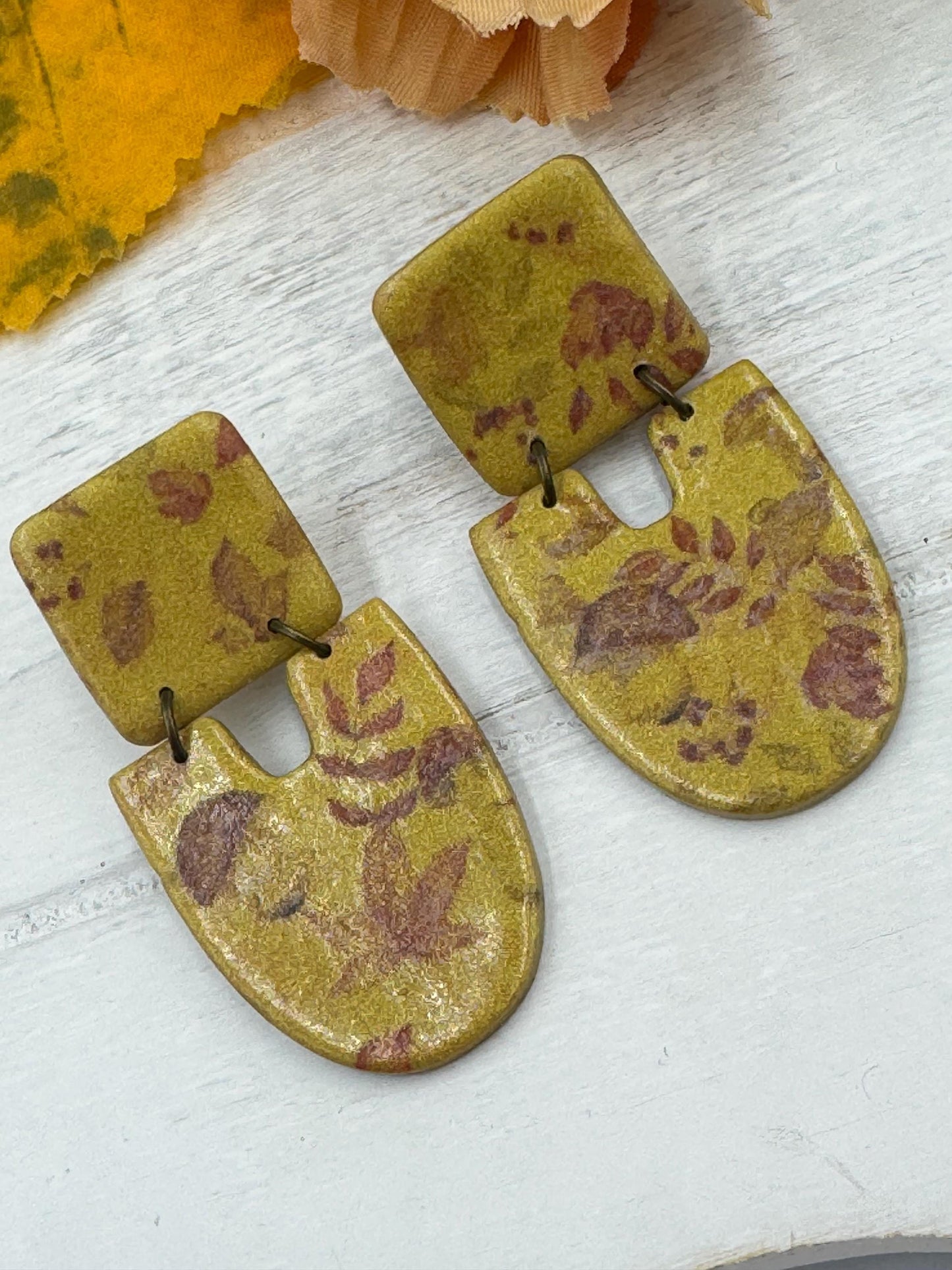 Handmade Gold Fall Leaf Earrings: Boho Polymer Clay Botanical Jewelry