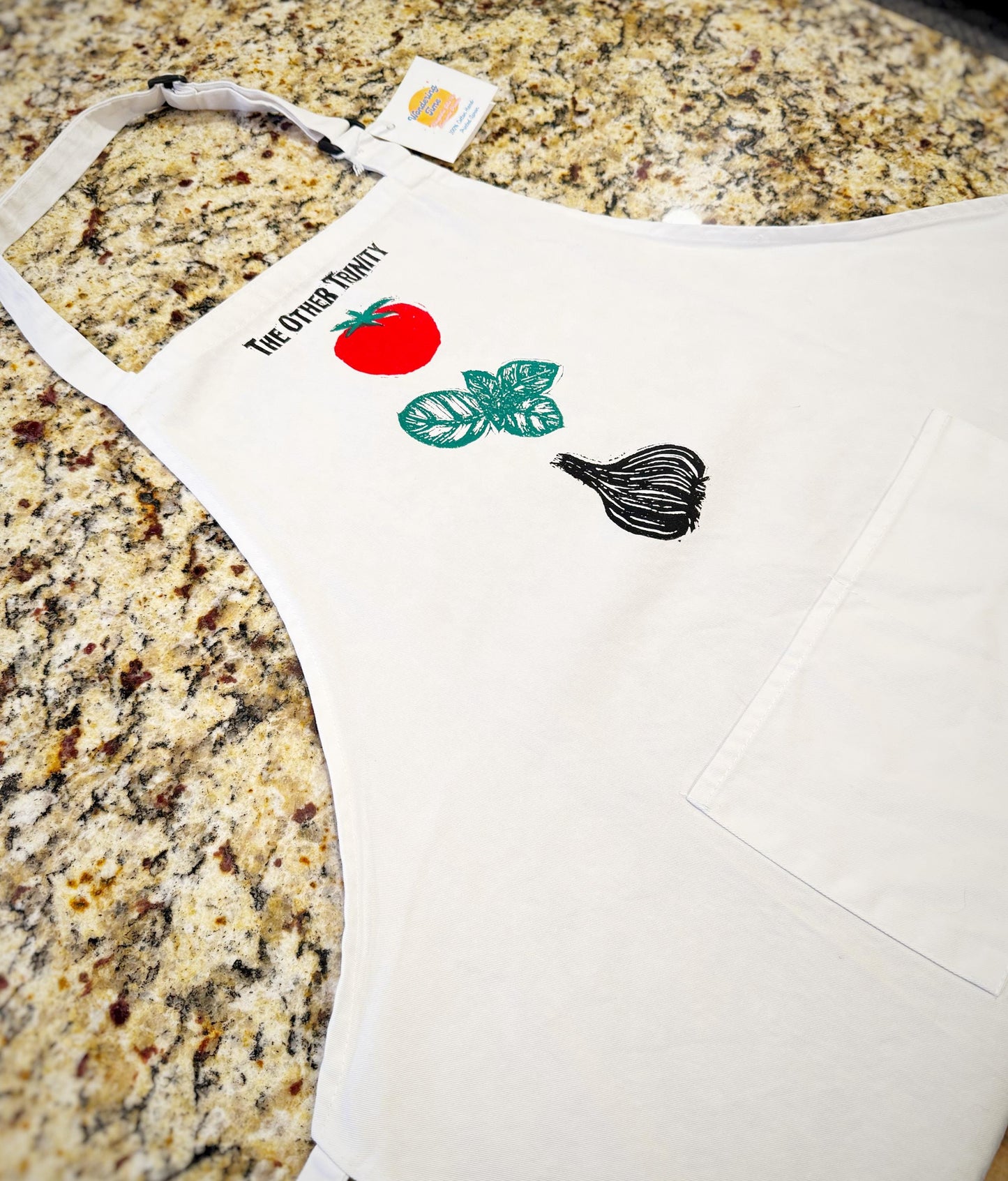 Hand Stamped Italian Apron: Tomato, Basil & Garlic - Funny Foodie Gift